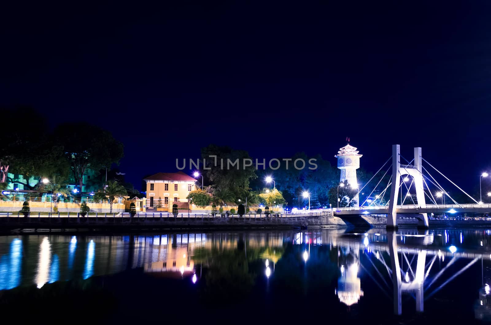 Phan Thiet Water Tower on Ca Ty River at Evening. Water Tower - Symbol of Phan Thiet.
