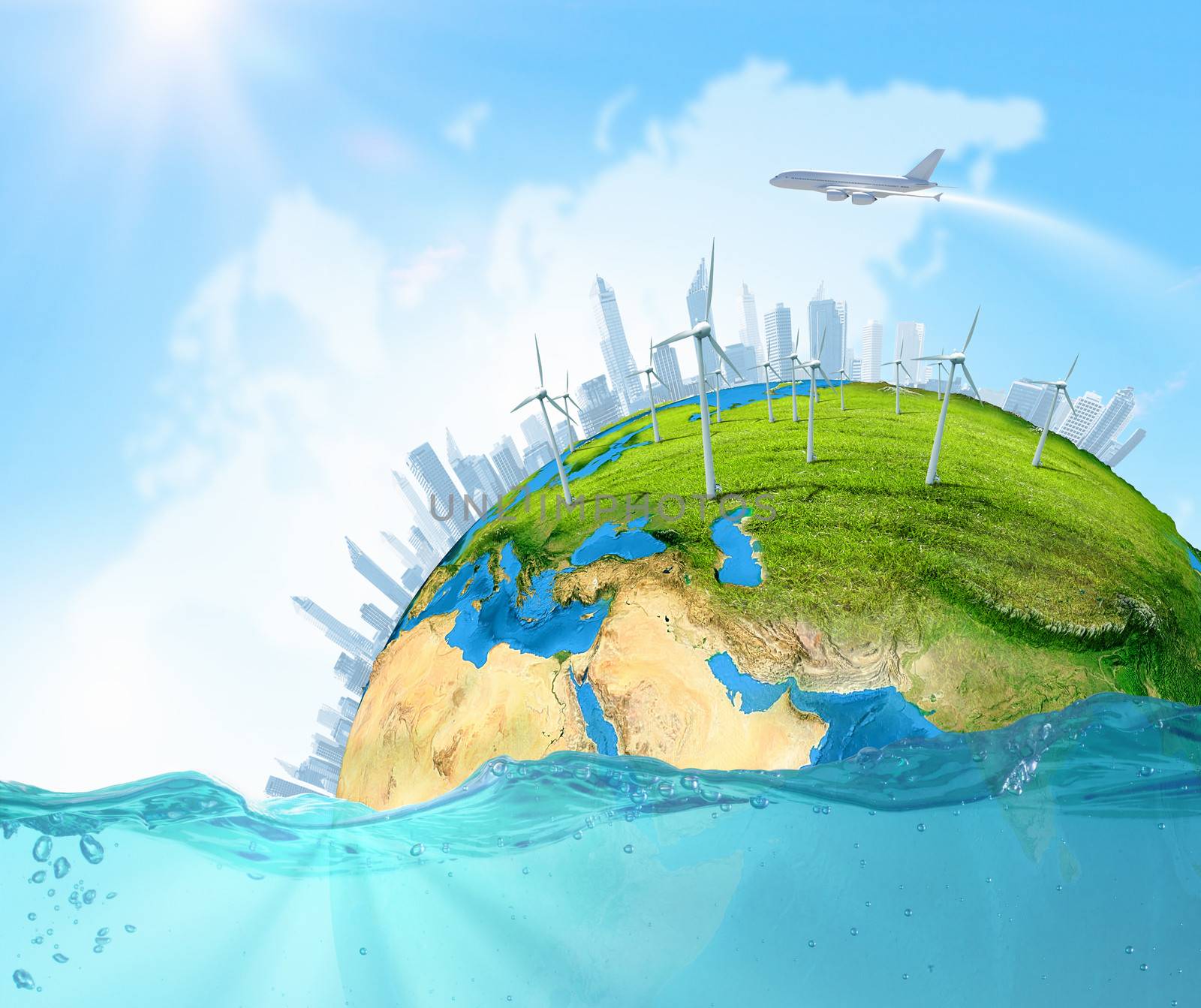 City on island floating in water. Global warming. Elements of this image are furnished by NASA