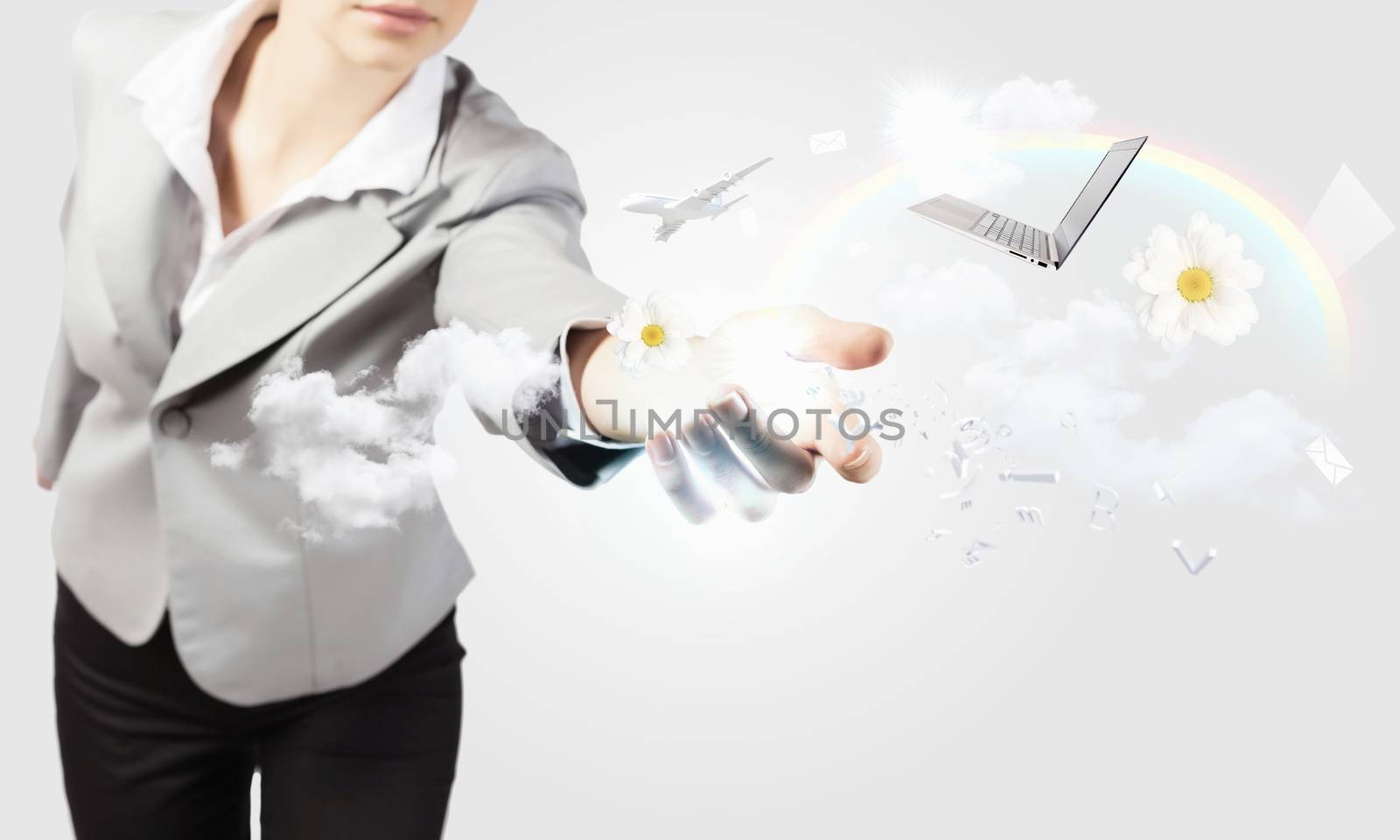 Businesswoman, secretary throwing devices. Office life concept