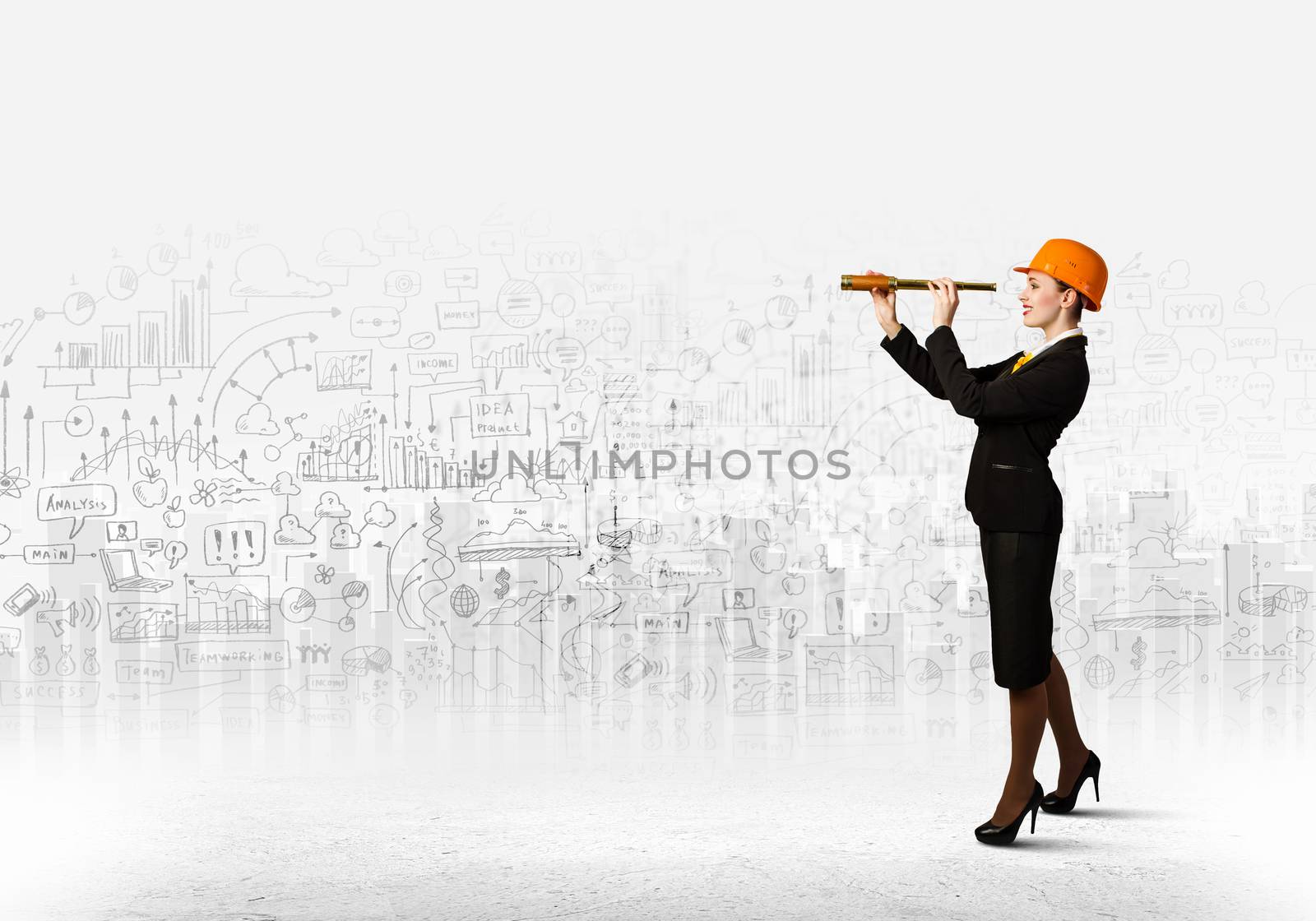 Image of young woman looking into tube. Construction concept