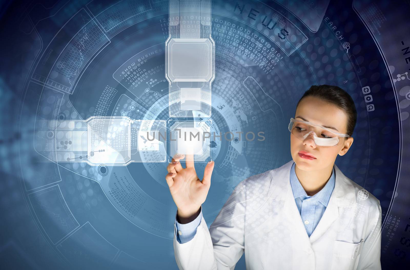 Image of young woman scientist touching icon of media screen