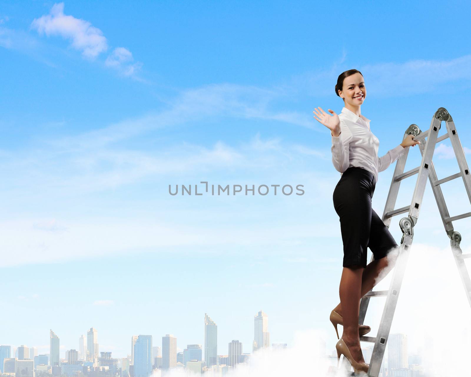 Image of young ambitious businesswoman climbing ladder. Promotion concept