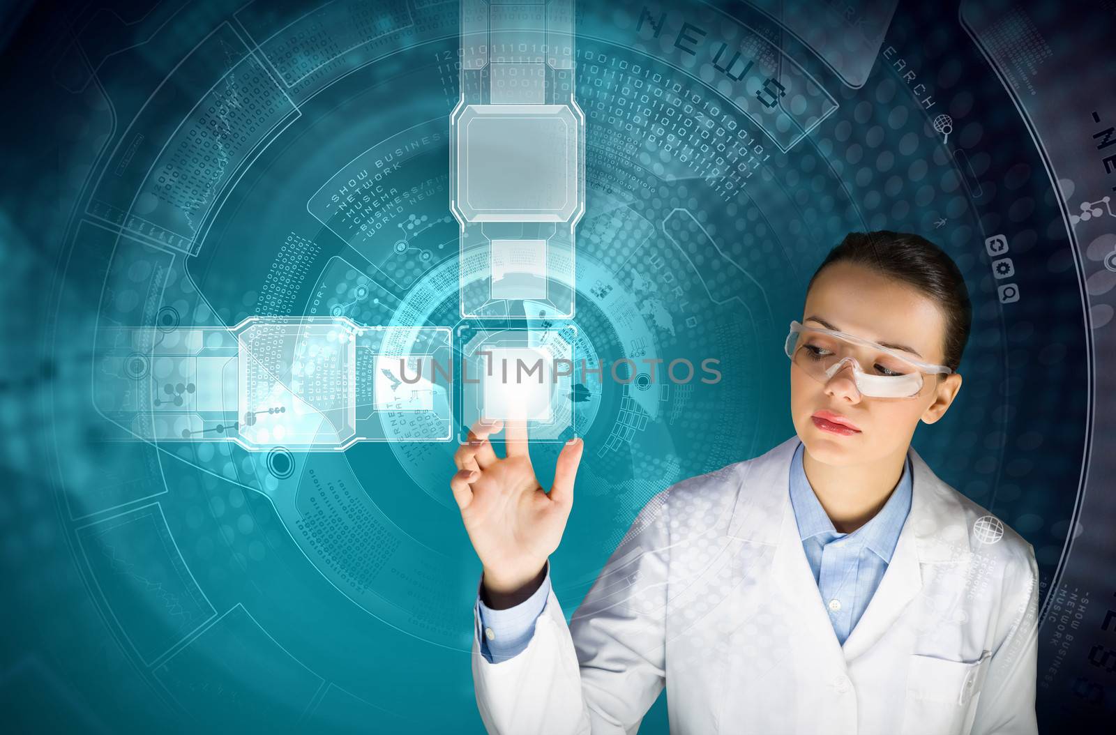 Image of young woman scientist touching icon of media screen