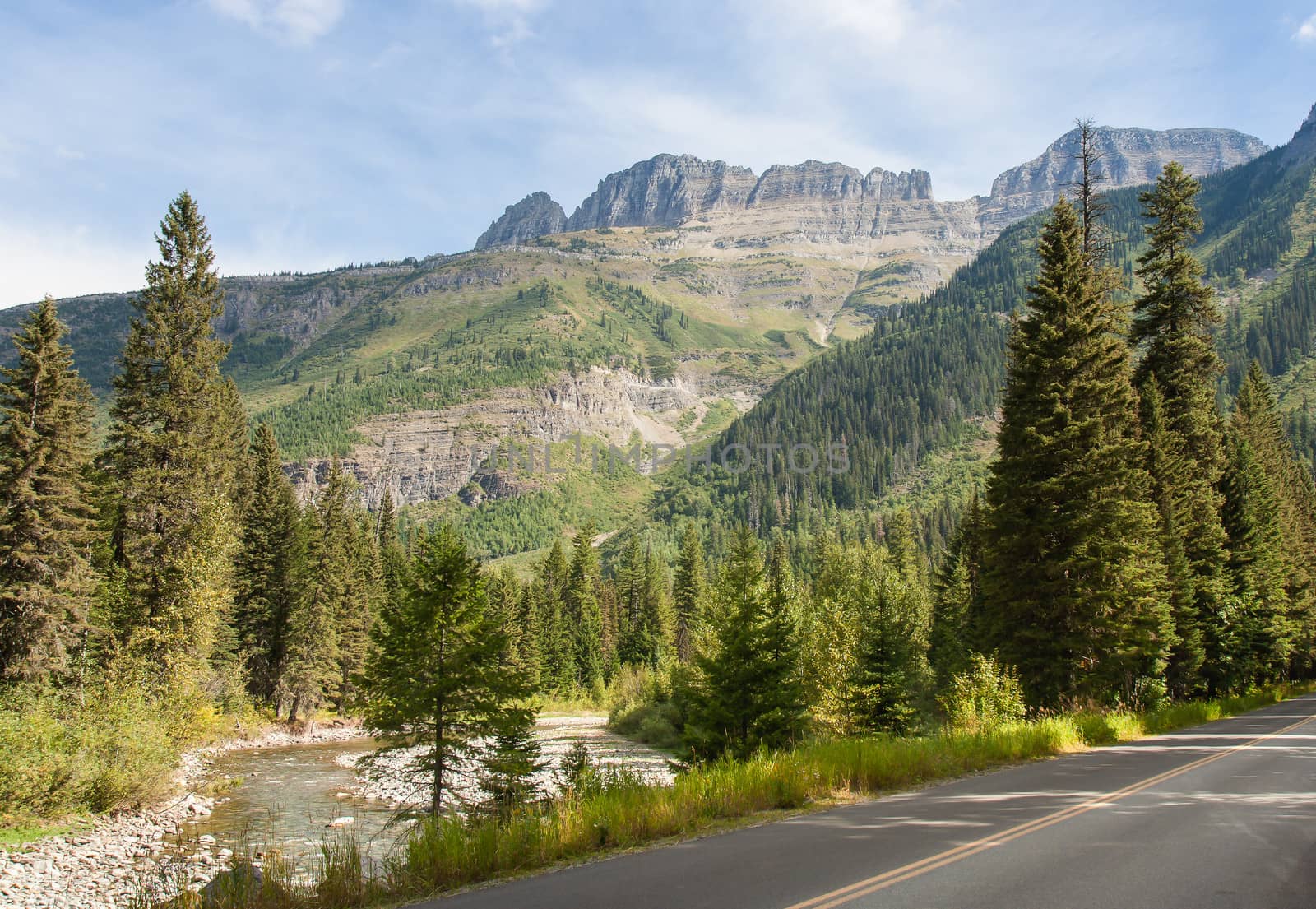 This image shows the view of Garden Wall while driving through Glacier National Park in Montana.