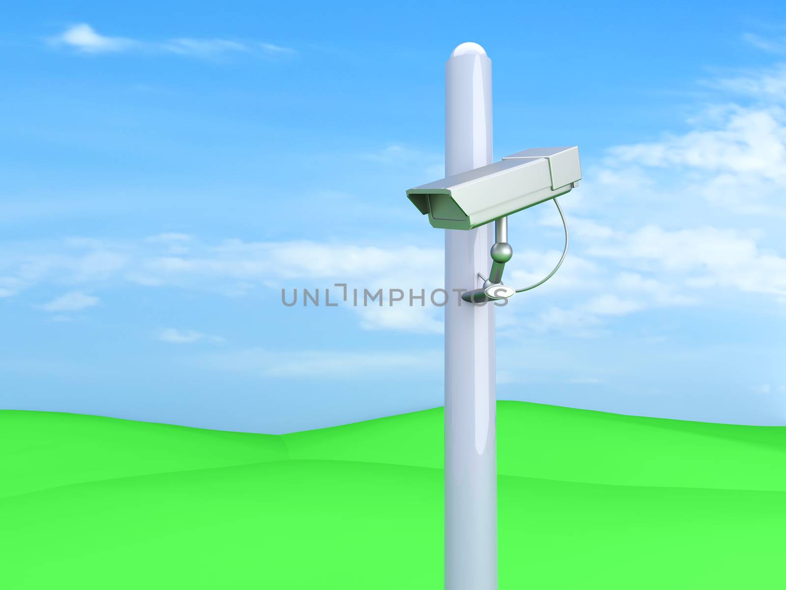 A CCTV surveillance cam on green hills. 3D rendered Illustration.  
