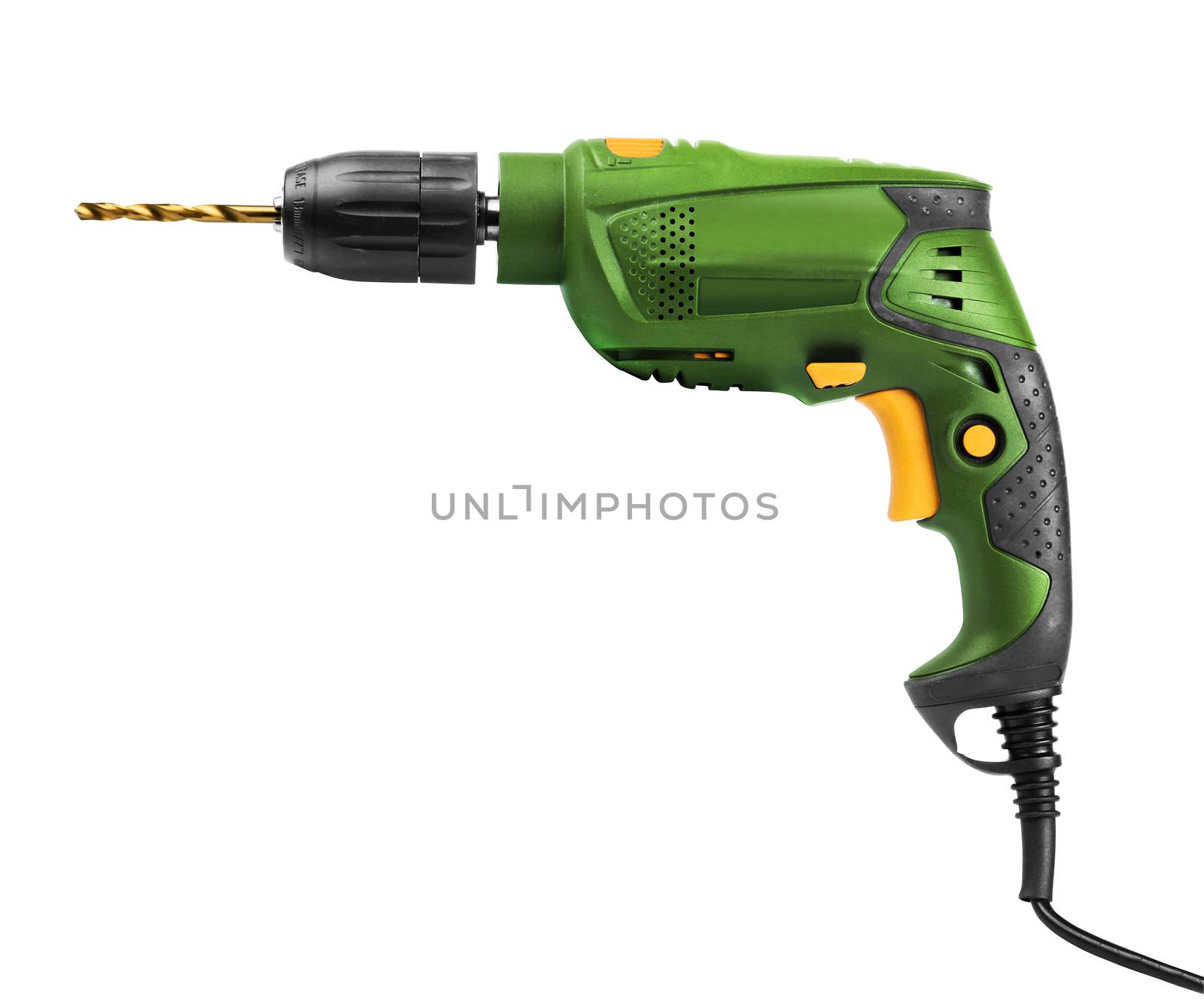 Green yellow electric drill repair tool isolated on white