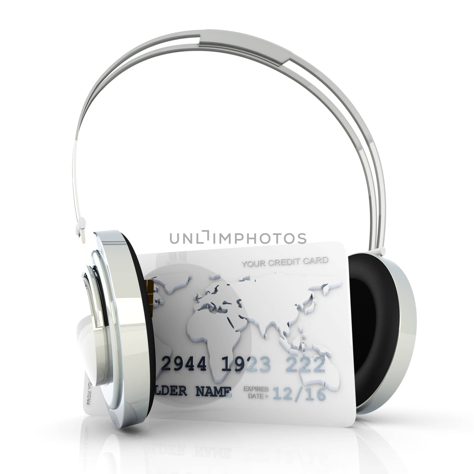 Buying Audio with credit card. 3D rendered illustration. Isolated on white.
