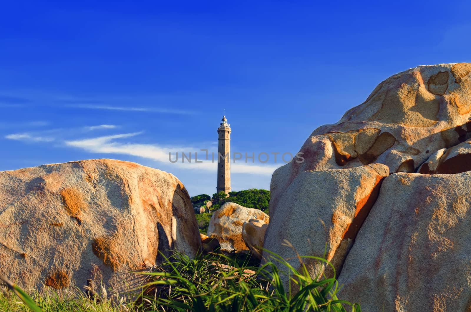 View of Khe Ga Lighthouse. Lighthouse was built 1897 on the top of Khe Ga island in the seaside about 30 km South East of Phan Thiet city.