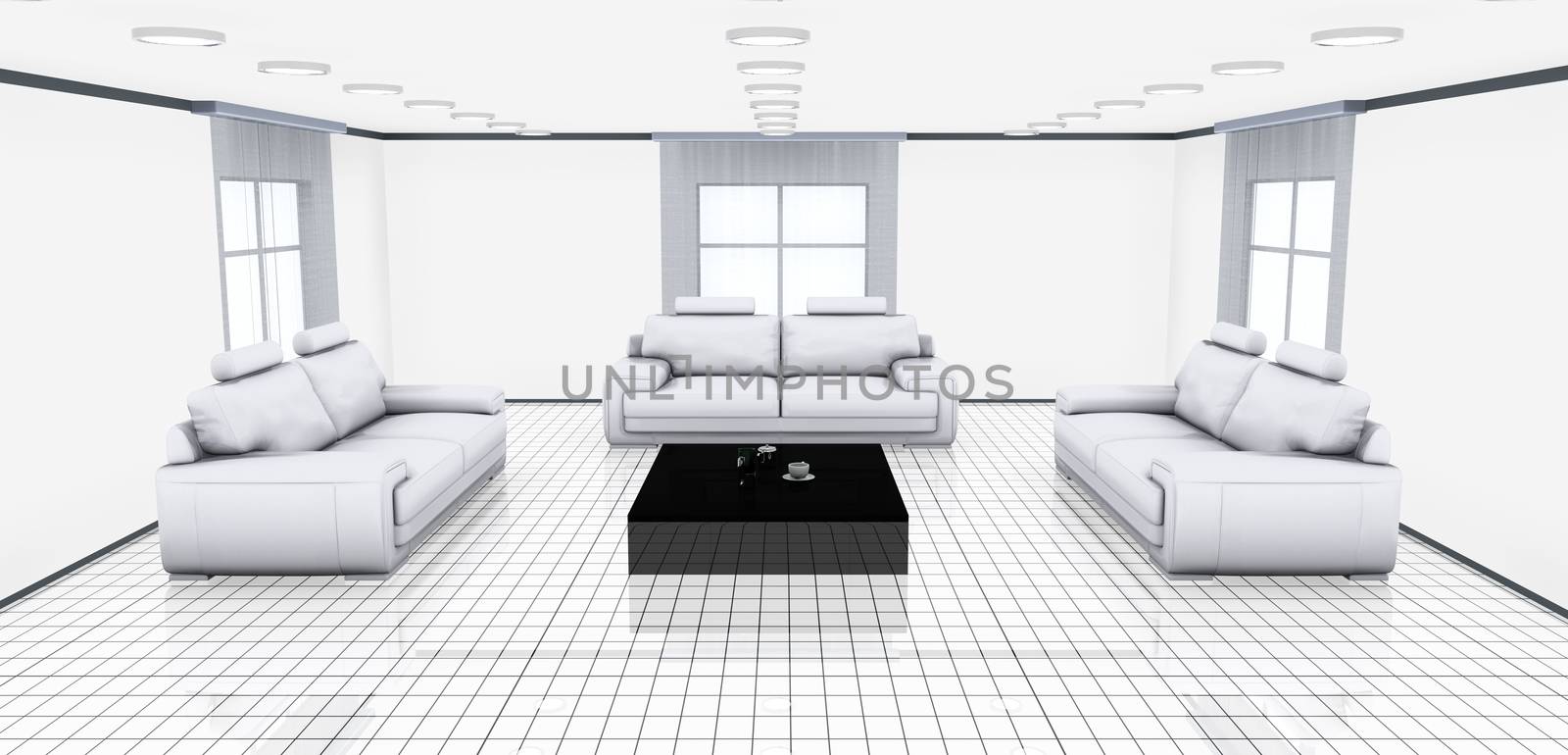 3D rendered Illustration. Interior visualisation of a living room.