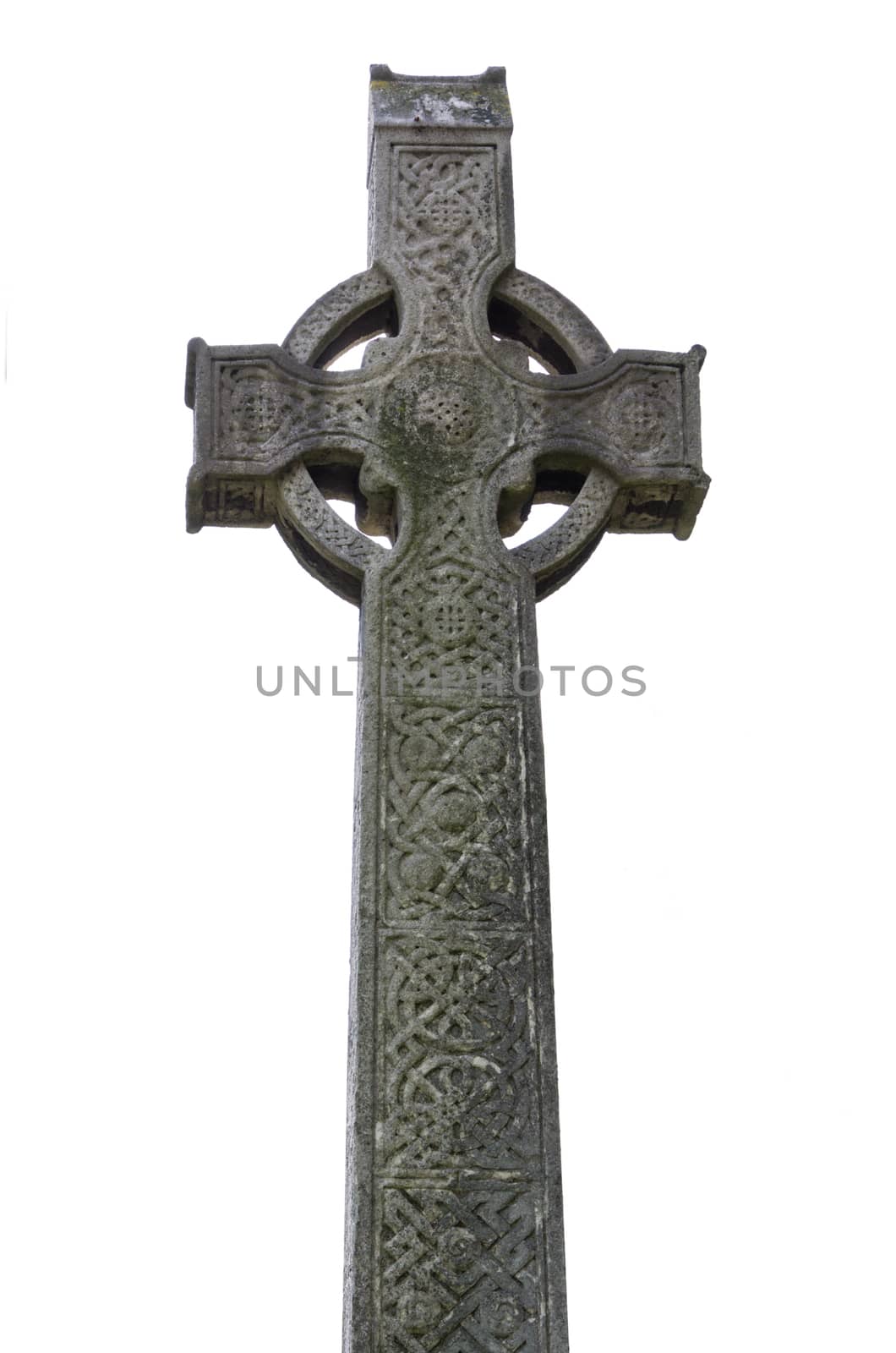 Christian Celtic cross on white, located on the graveyard of the Cathedral of Chelmsford, England, United Kingdom.