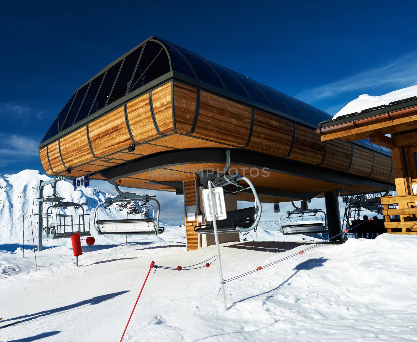 Ski lift station in mountains at winter, Meribel, Alps, France