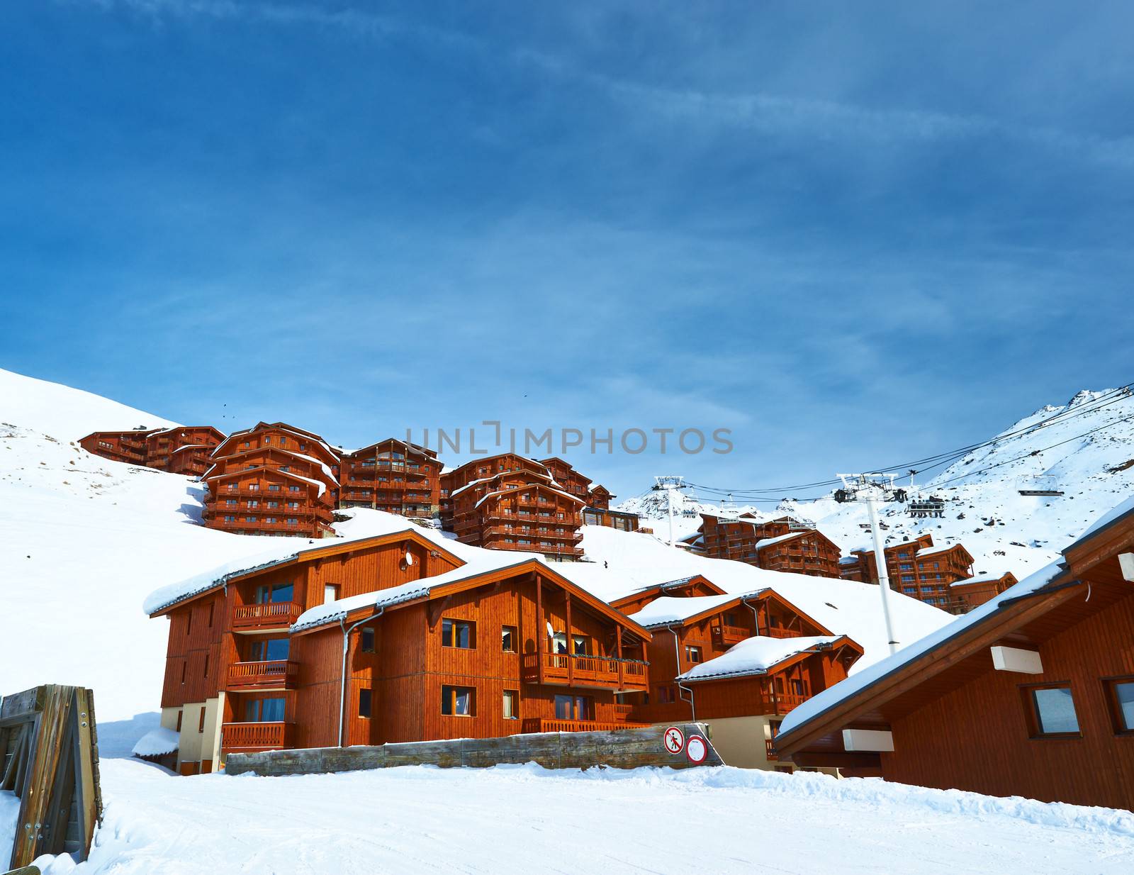 Mountain ski resort with snow in winter, Val Thorens, Alps, France