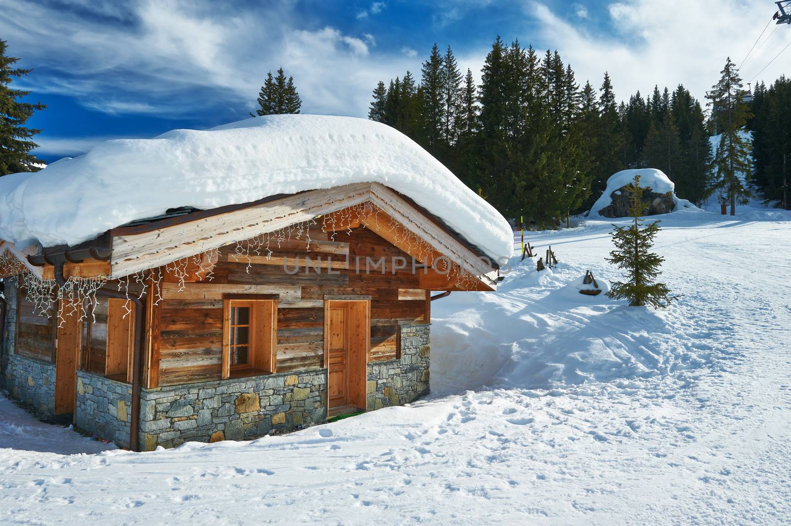 Mountain ski resort with snow in winter, Courchevel, Alps, France