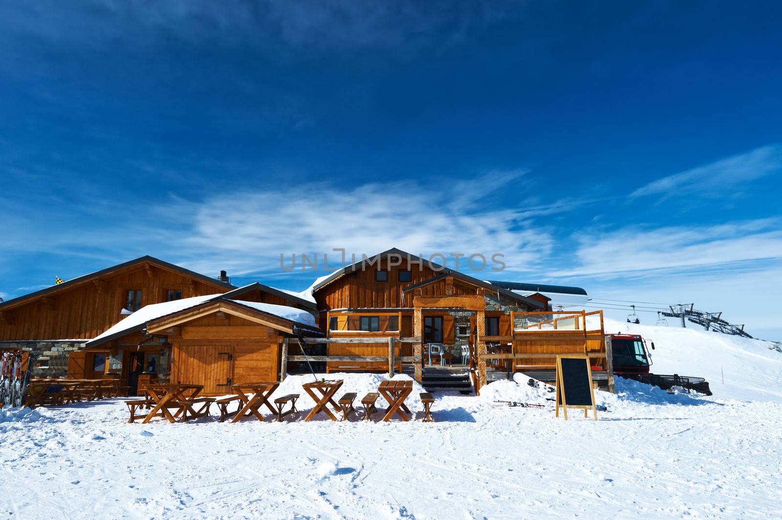 Mountain ski resort with snow in winter, Courchevel, Alps, France