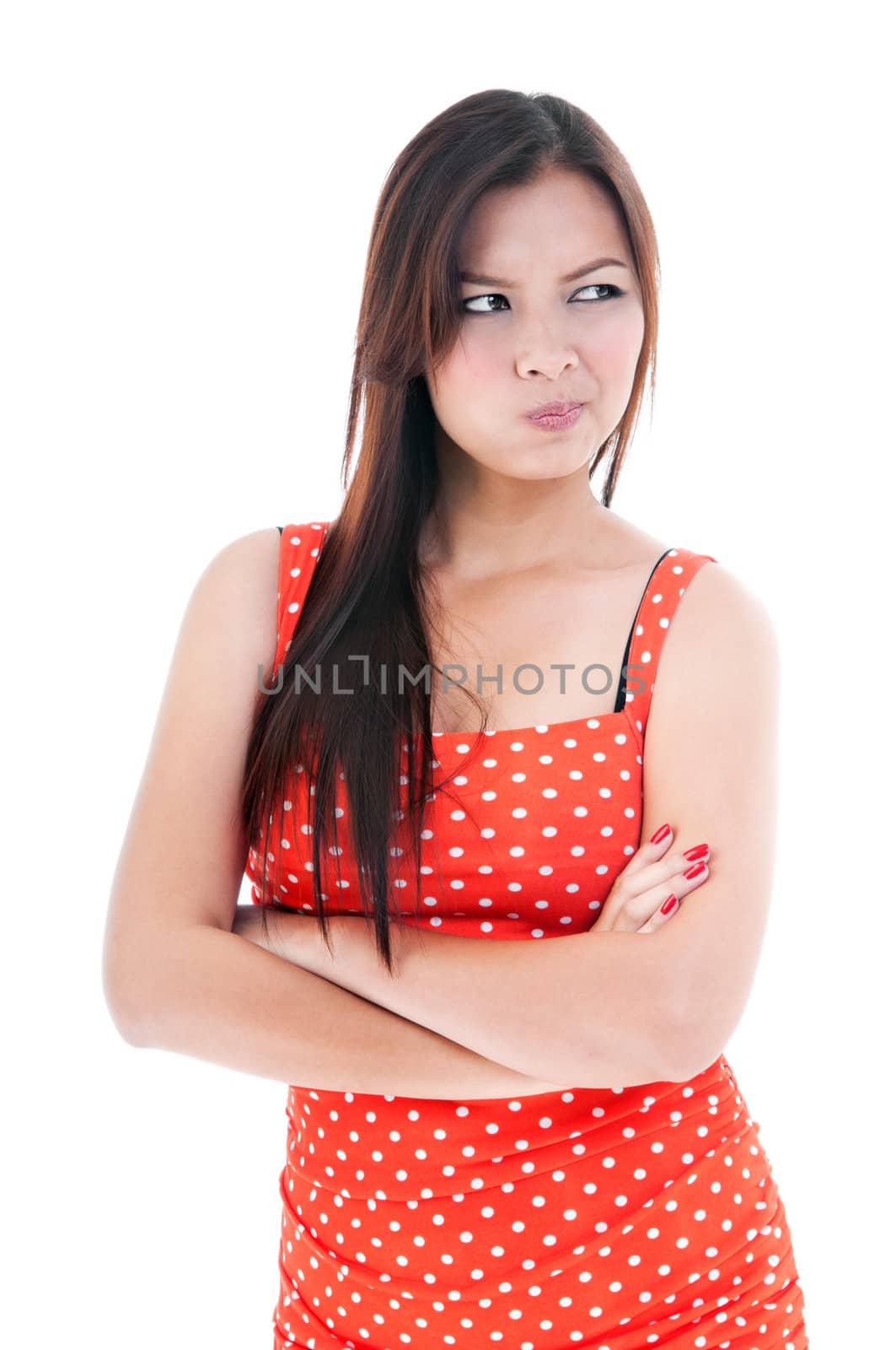 Portrait of a young woman making funny face, isolated on white