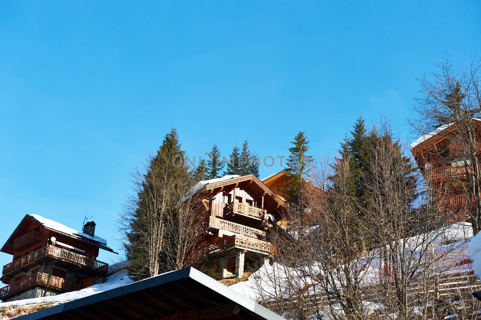 Mountain ski resort with snow in winter, Meribel, Alps, France