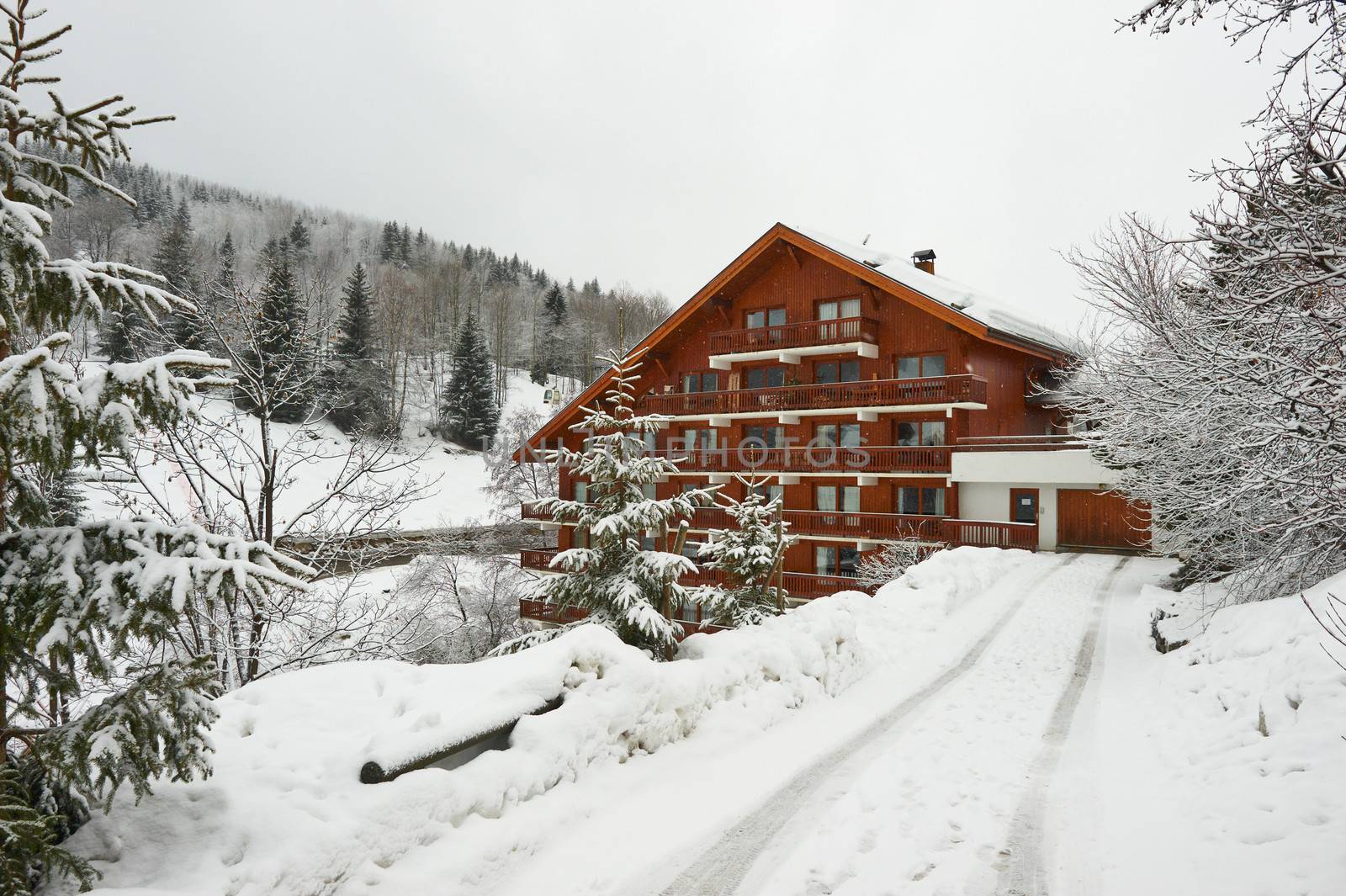 Mountain ski resort with snow in winter, Meribel, Alps, France