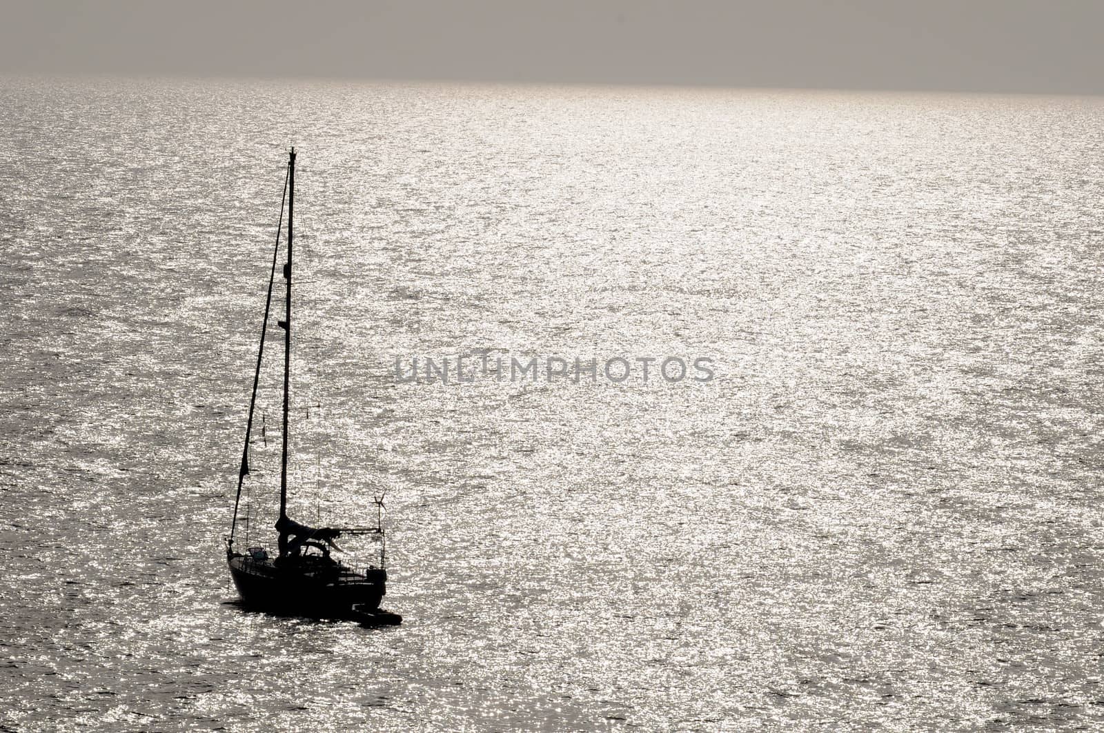 Silhouetted Sailing Boat on the Atlantic Ocean Near Canary Island