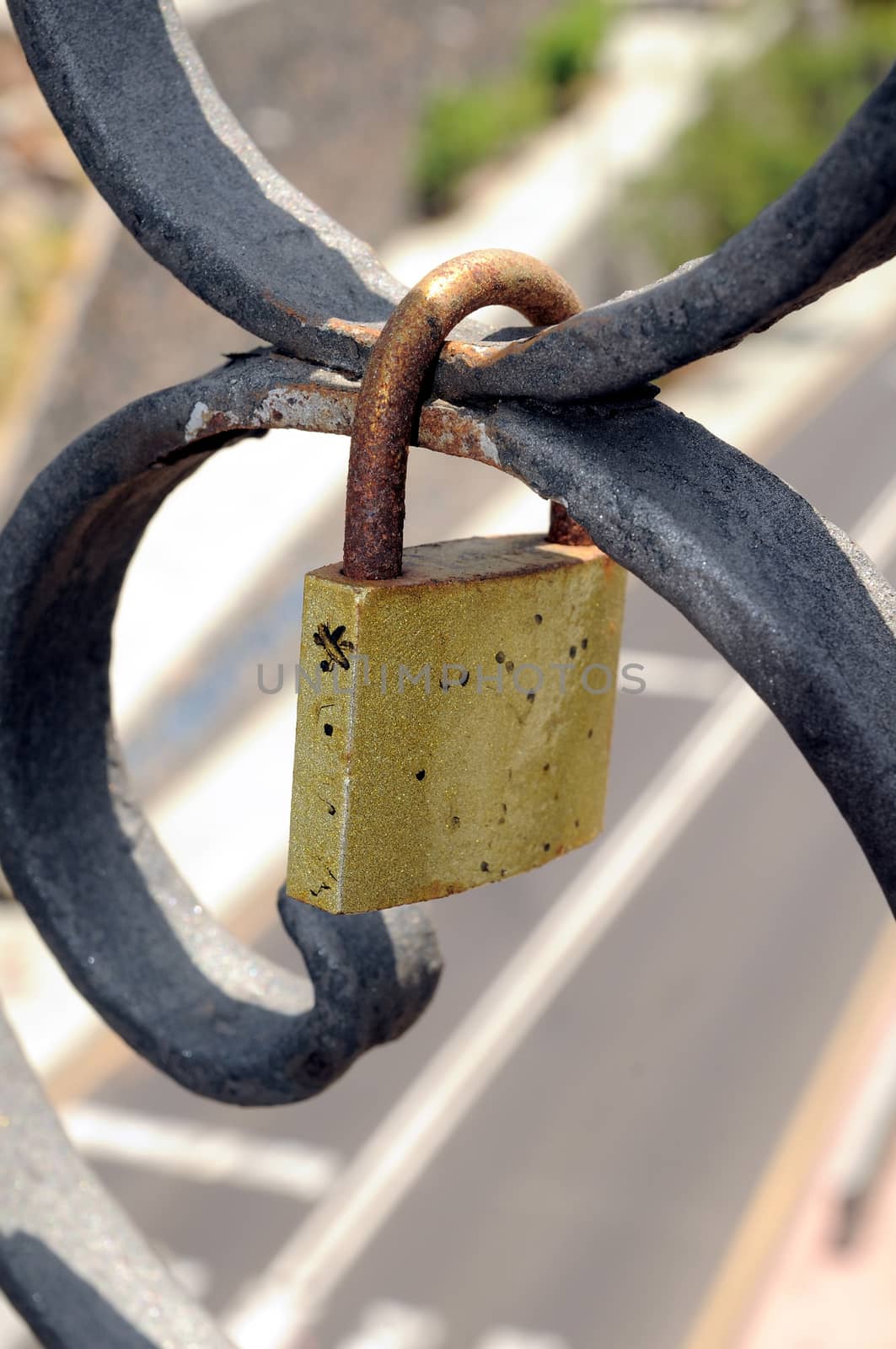 A Colored Metal Lover's Lock on a Bridge