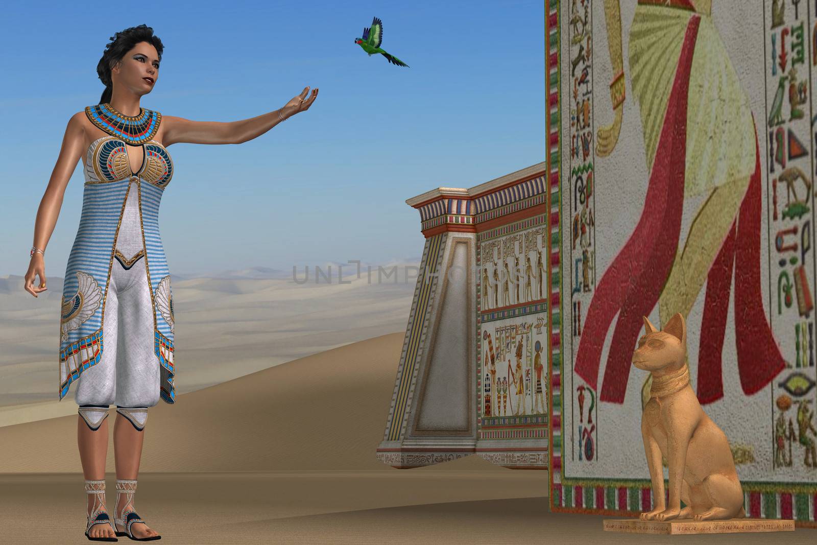 Amunet, an Egyptian queen, plays with her green parrot in ancient Egypt.