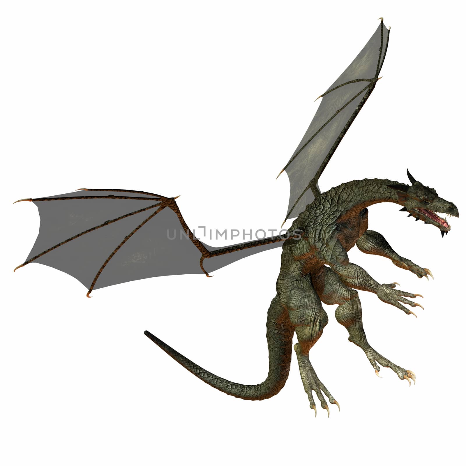 A creature of myth and fantasy the dragon is a fierce flying monster with horns and large teeth.