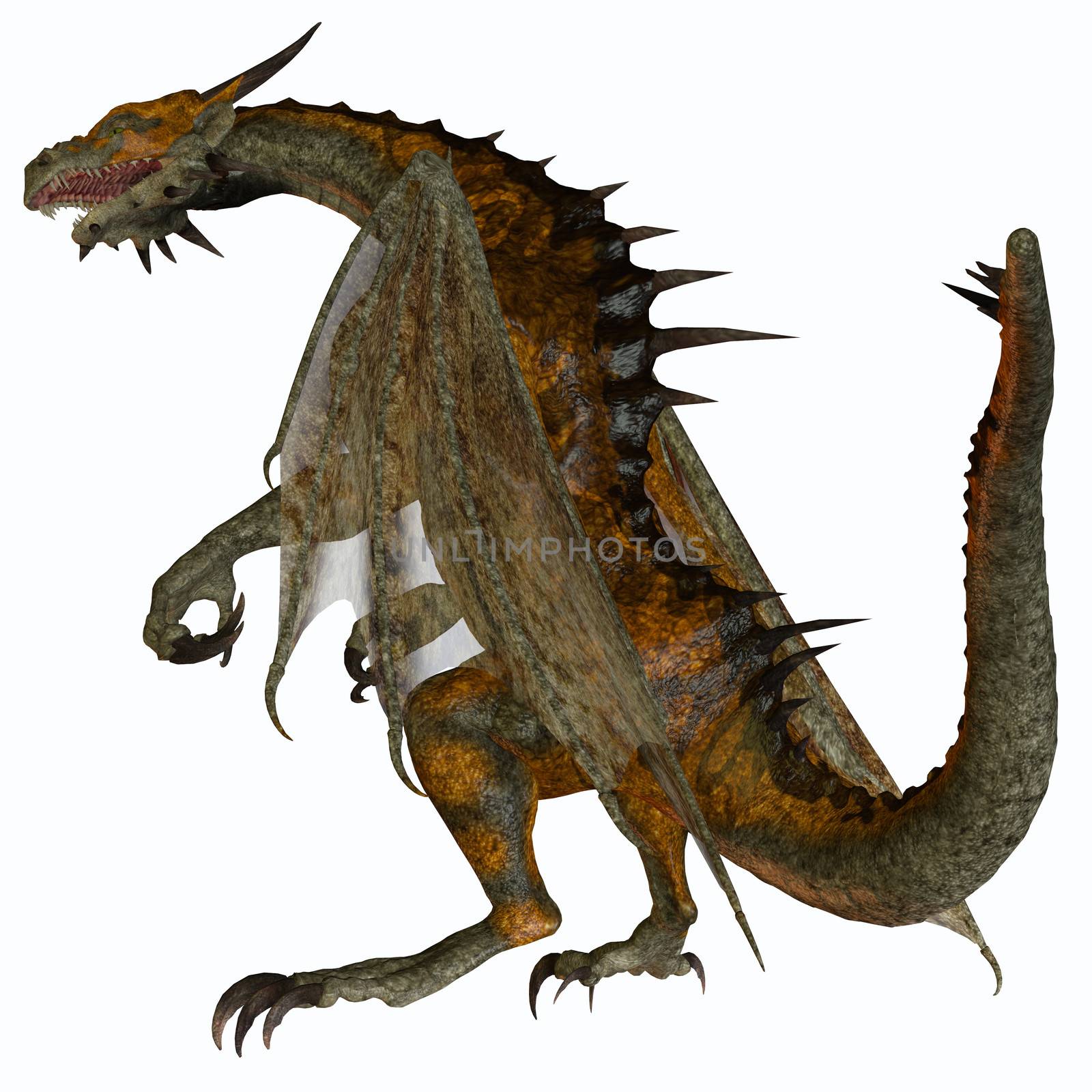 A creature of myth and fantasy the dragon is a fierce flying monster with horns and large teeth.