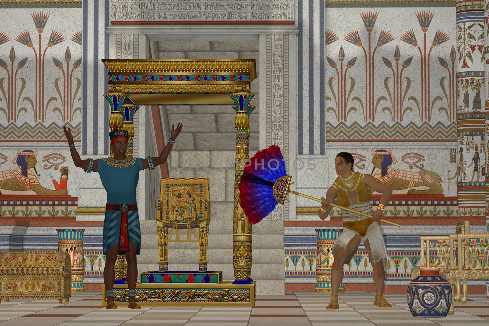 A servant fans the Pharaoh as he talks to his subjects in an Egyptian palace.