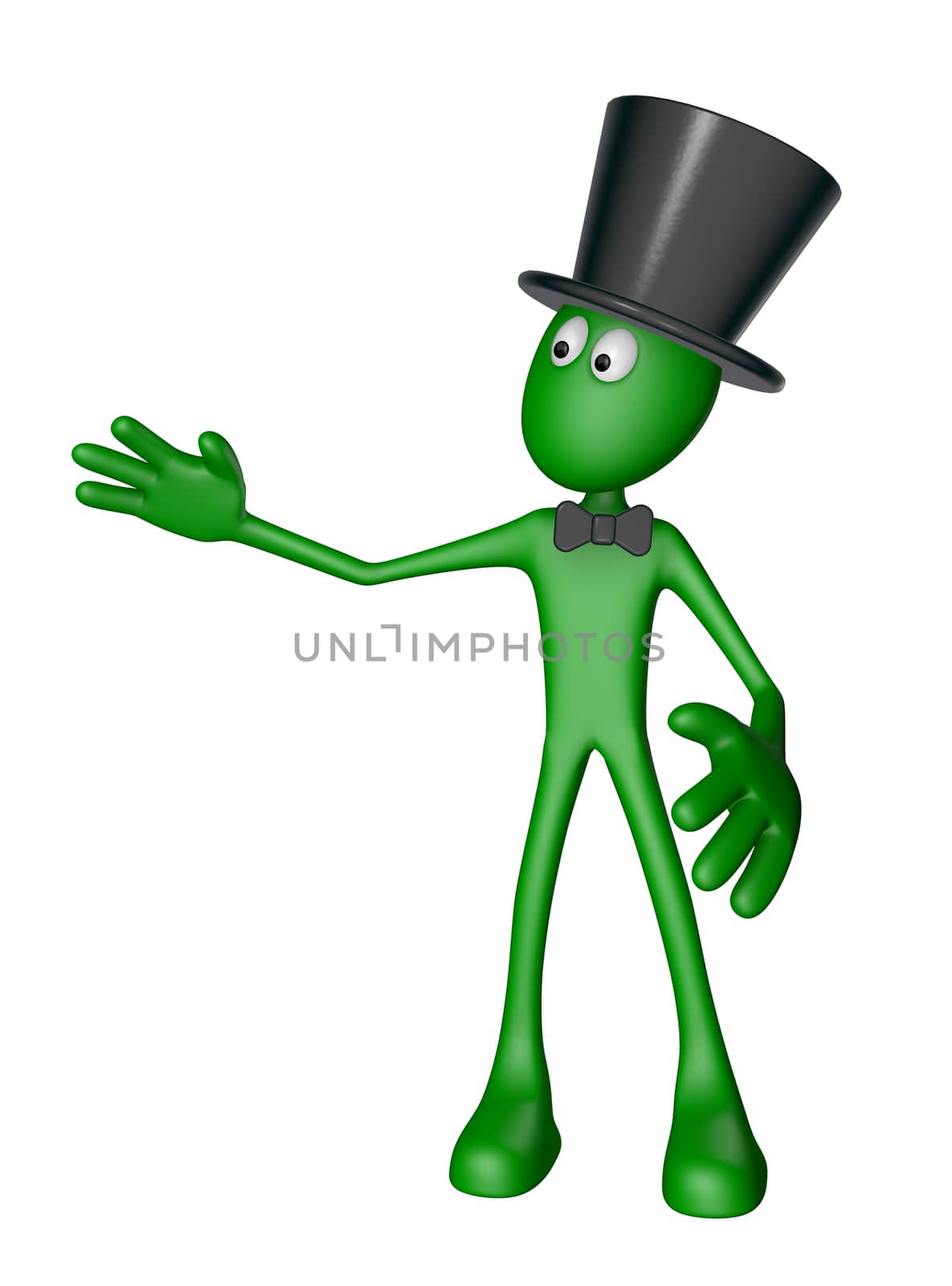 green guy with topper and bow shows something - 3d illustration