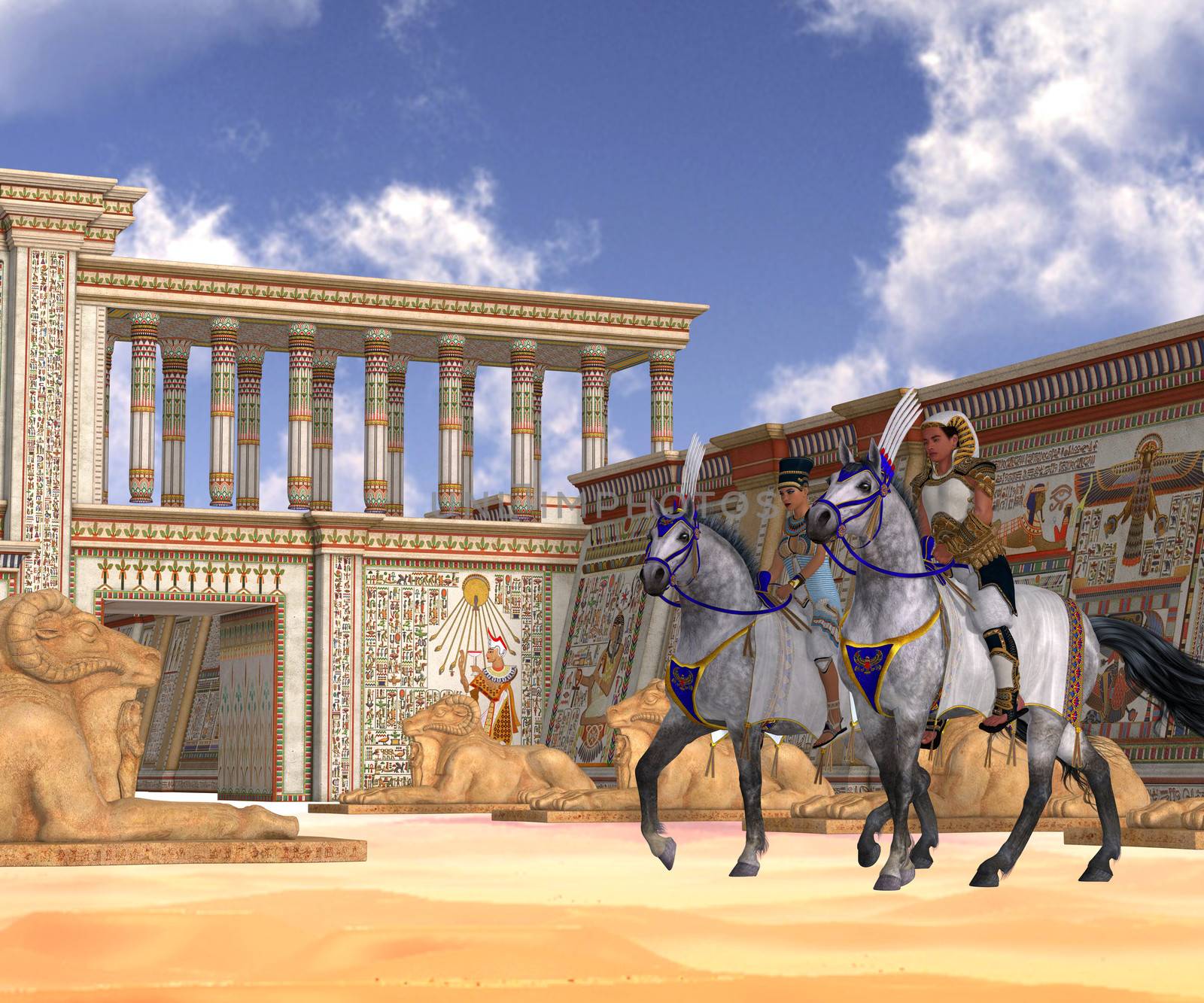 The Pharaoh and queen of Egypt take a ride on horseback through their kingdom.