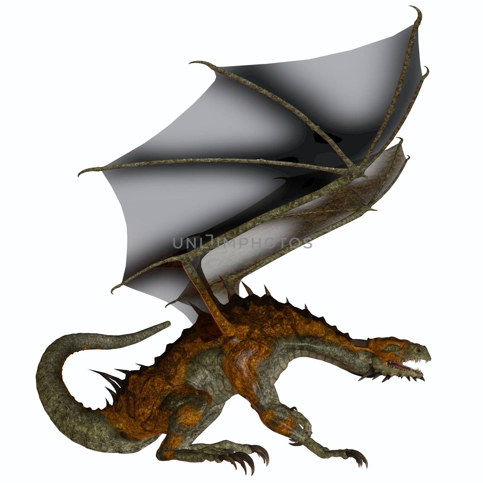 A creature of myth and fantasy the dragon is a fierce flying monster with horns and large teeth.