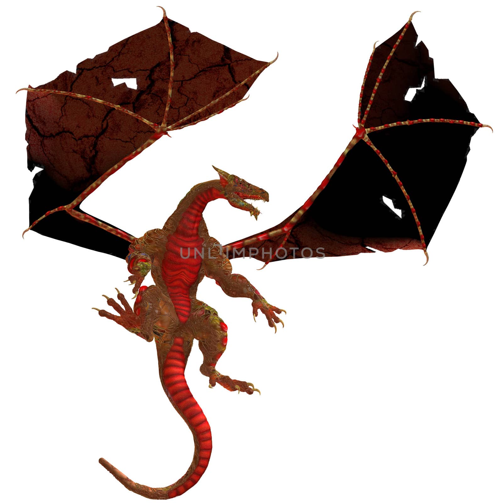 A creature of myth and fantasy the dragon is a fierce flying monster with horns and large teeth.