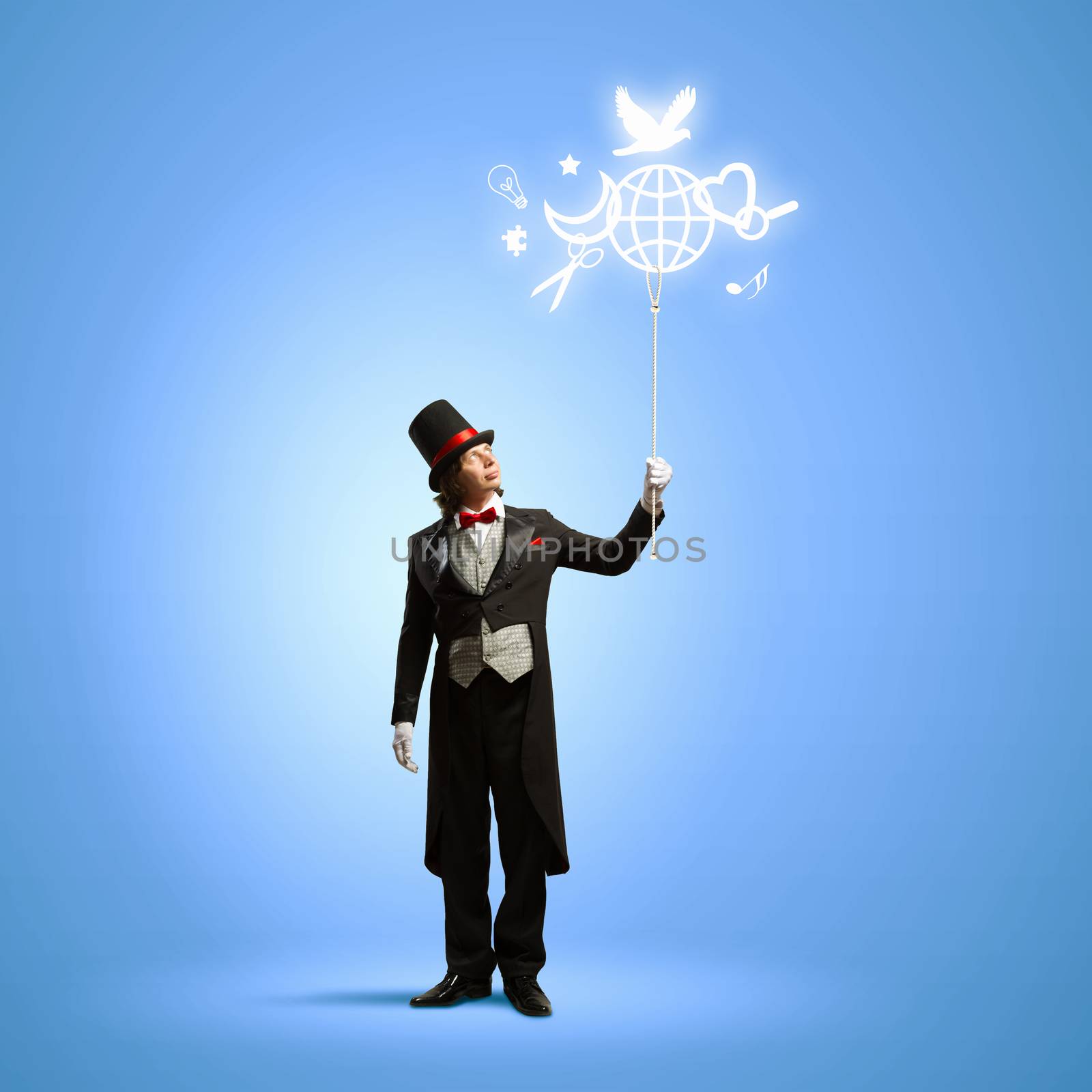 Image of magician in hat holding globe. Ecology concept