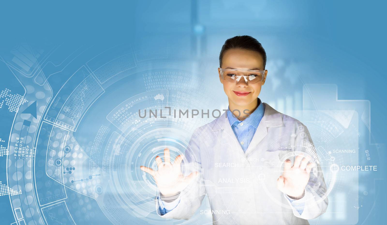 Image of young woman scientist touching icon of media screen