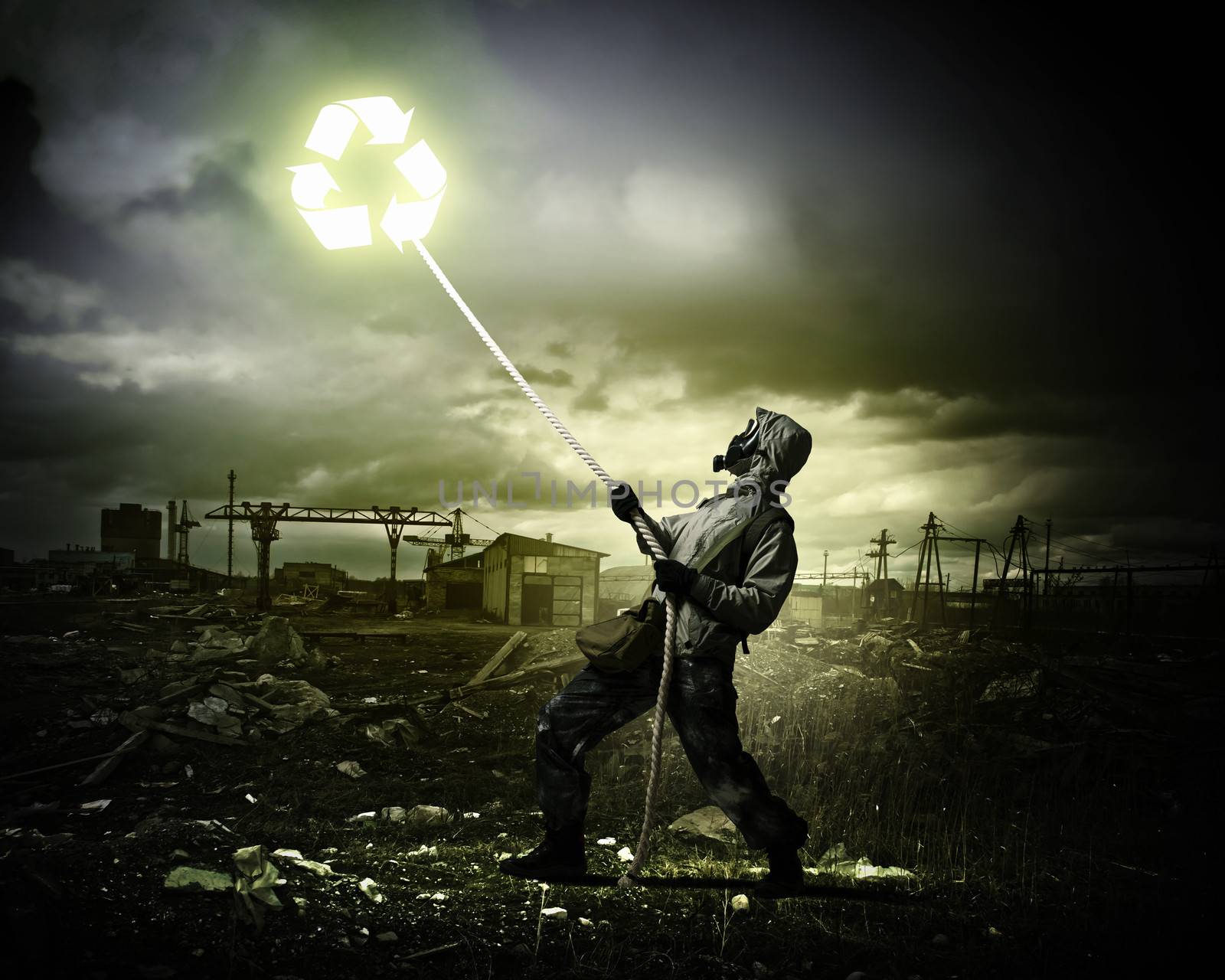 Stalker against nuclear background. Disaster and pollution. Recycle concept