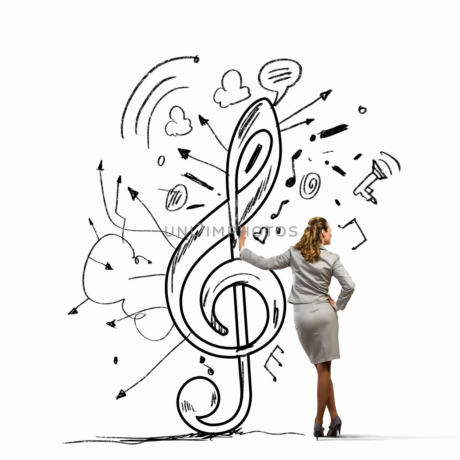 Image of woman standing with back leaning on clef