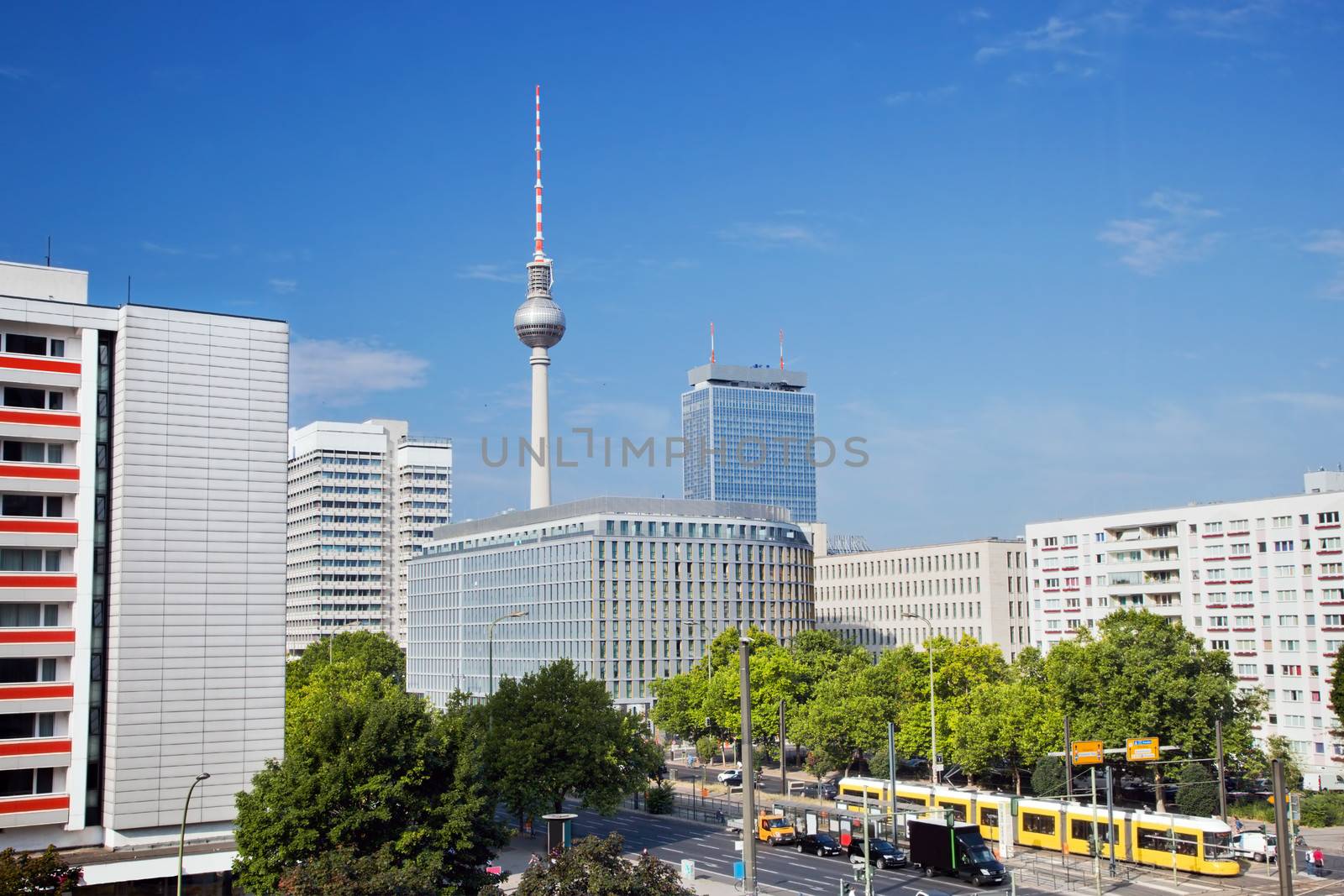 Television tower, German Fernsehturm seen from the eastern part of Berlin near Alexanderplatz.