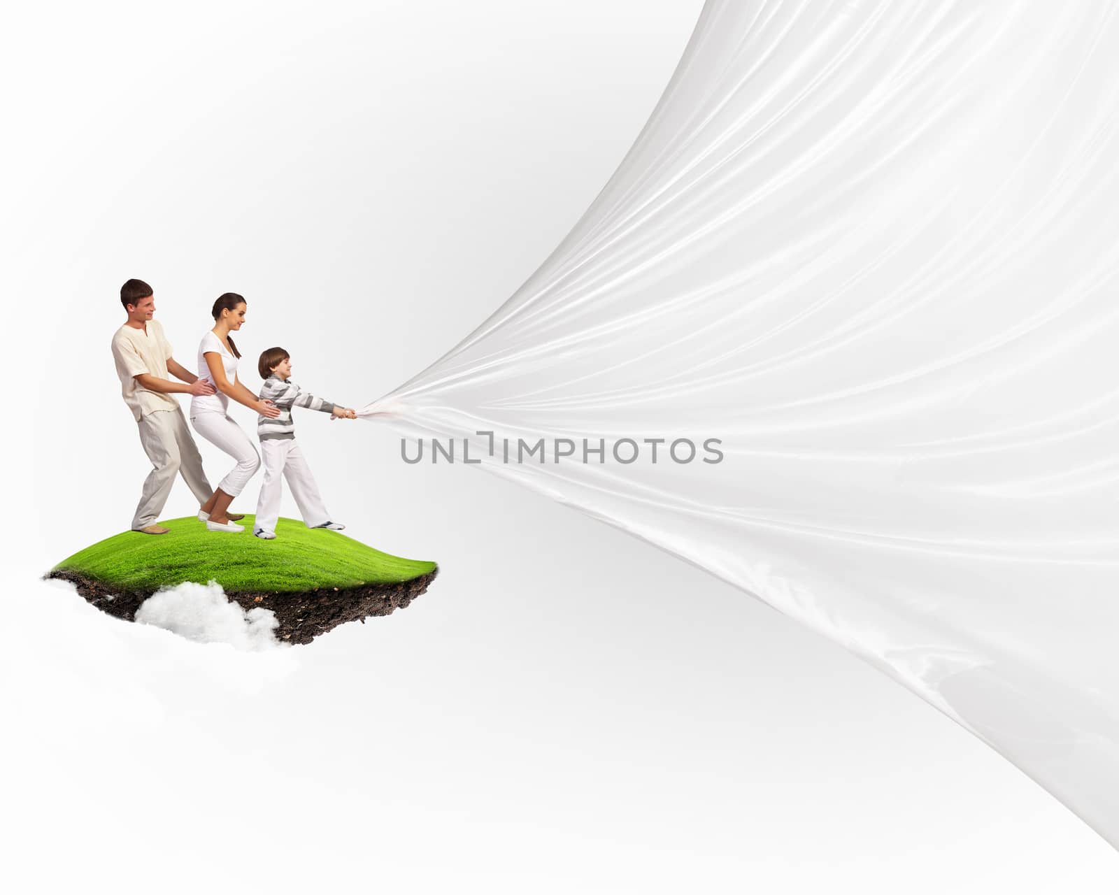 Young family of three pulling blank banner. Place for text