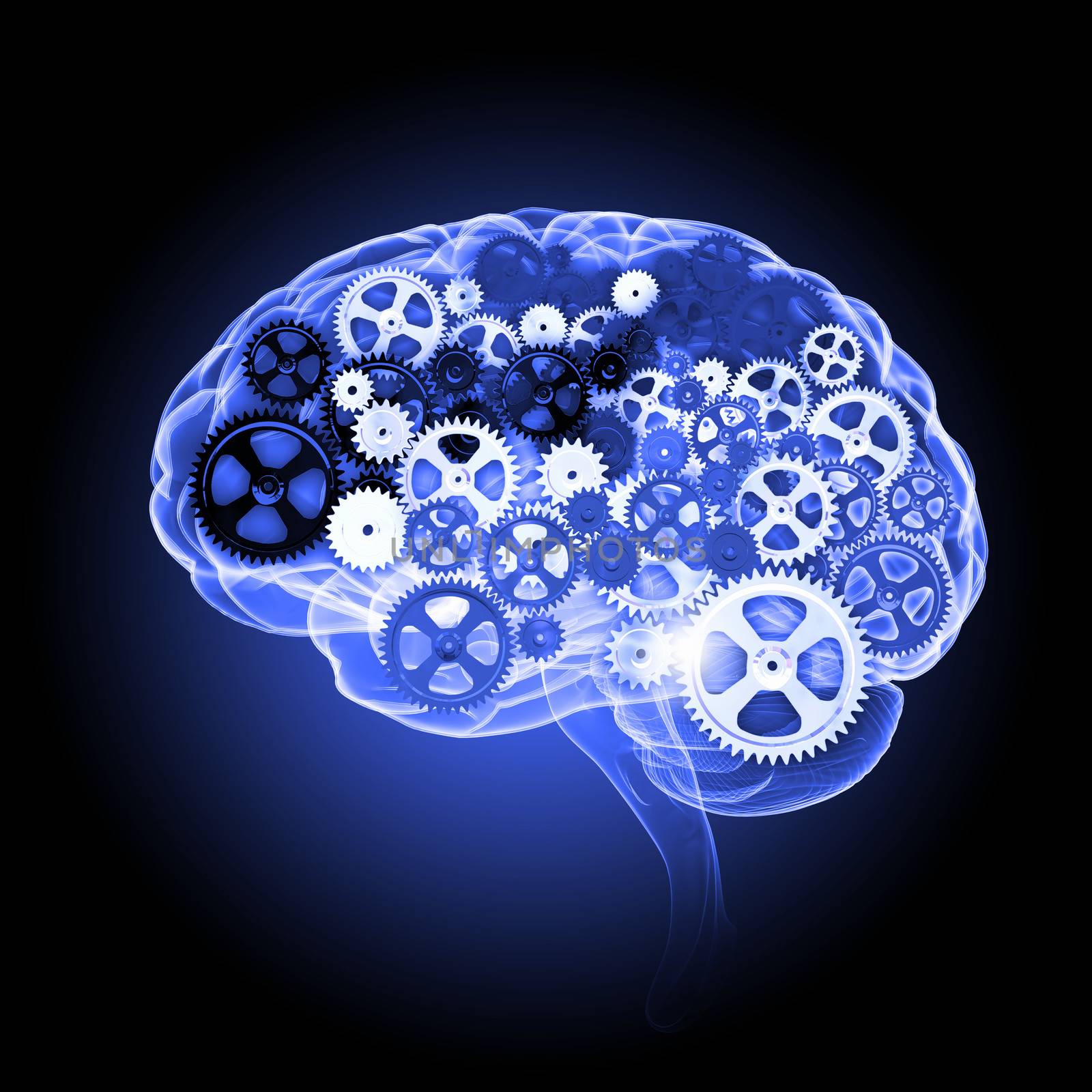 Human brain silhouette with gears and cog wheel elements against black background