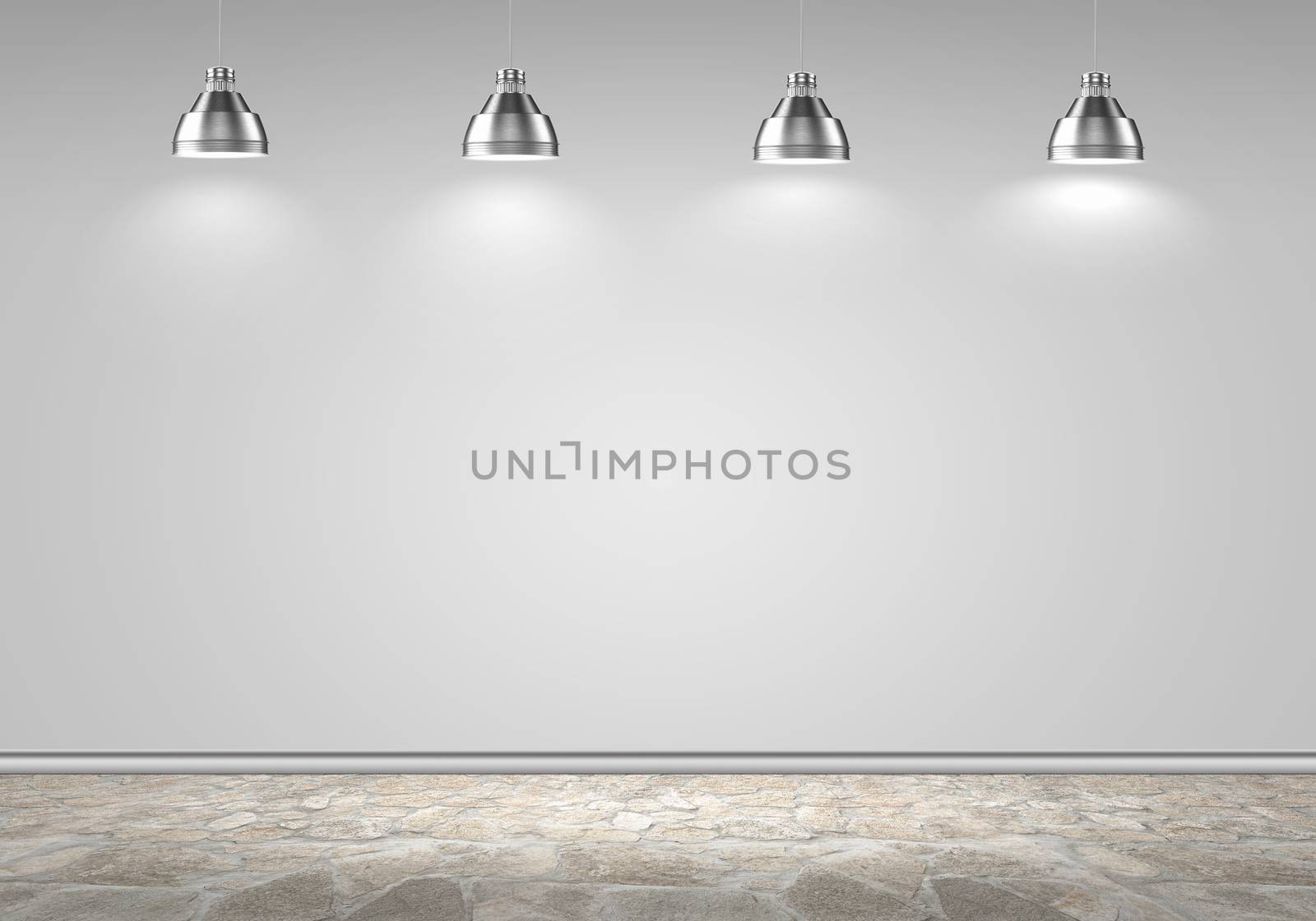 Empty room with blank wall and lamps at ceiling