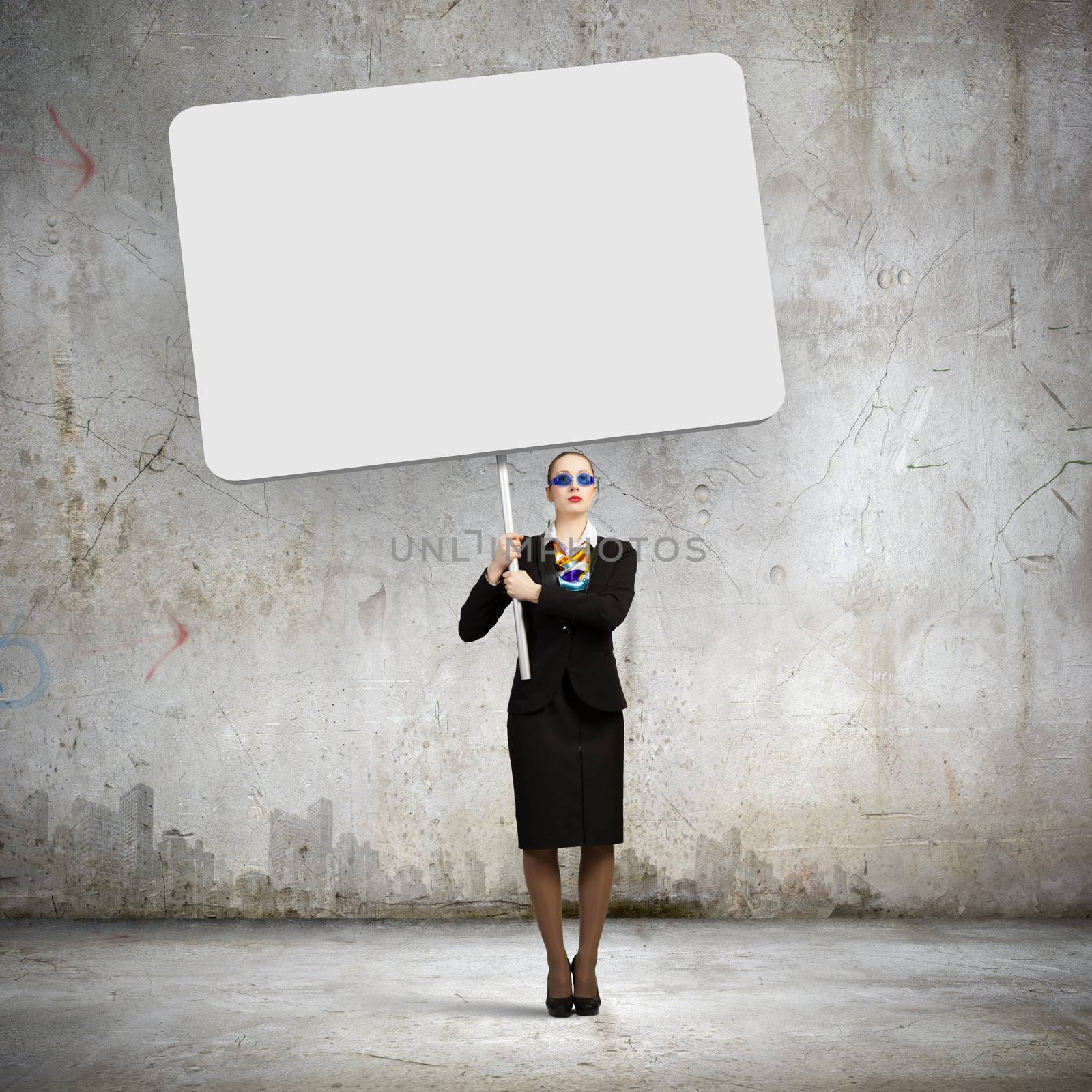 Image of businesswoman holding blank banner. Place for text