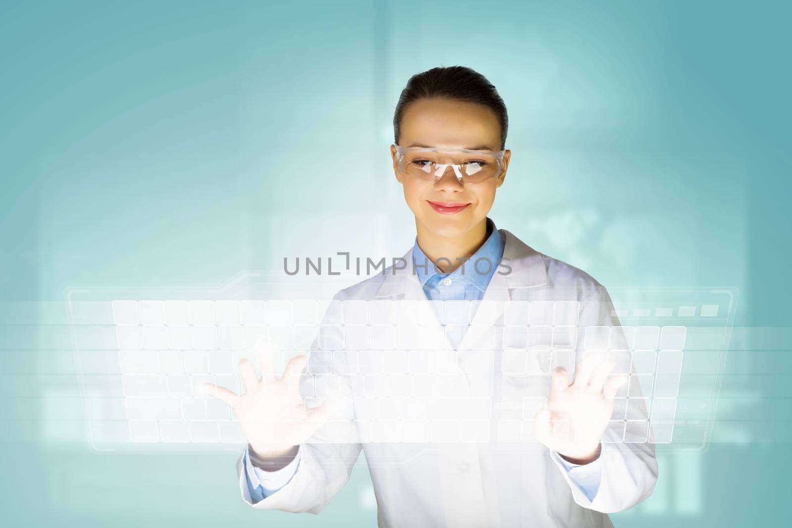 Image of young woman scientist touching icon of media screen