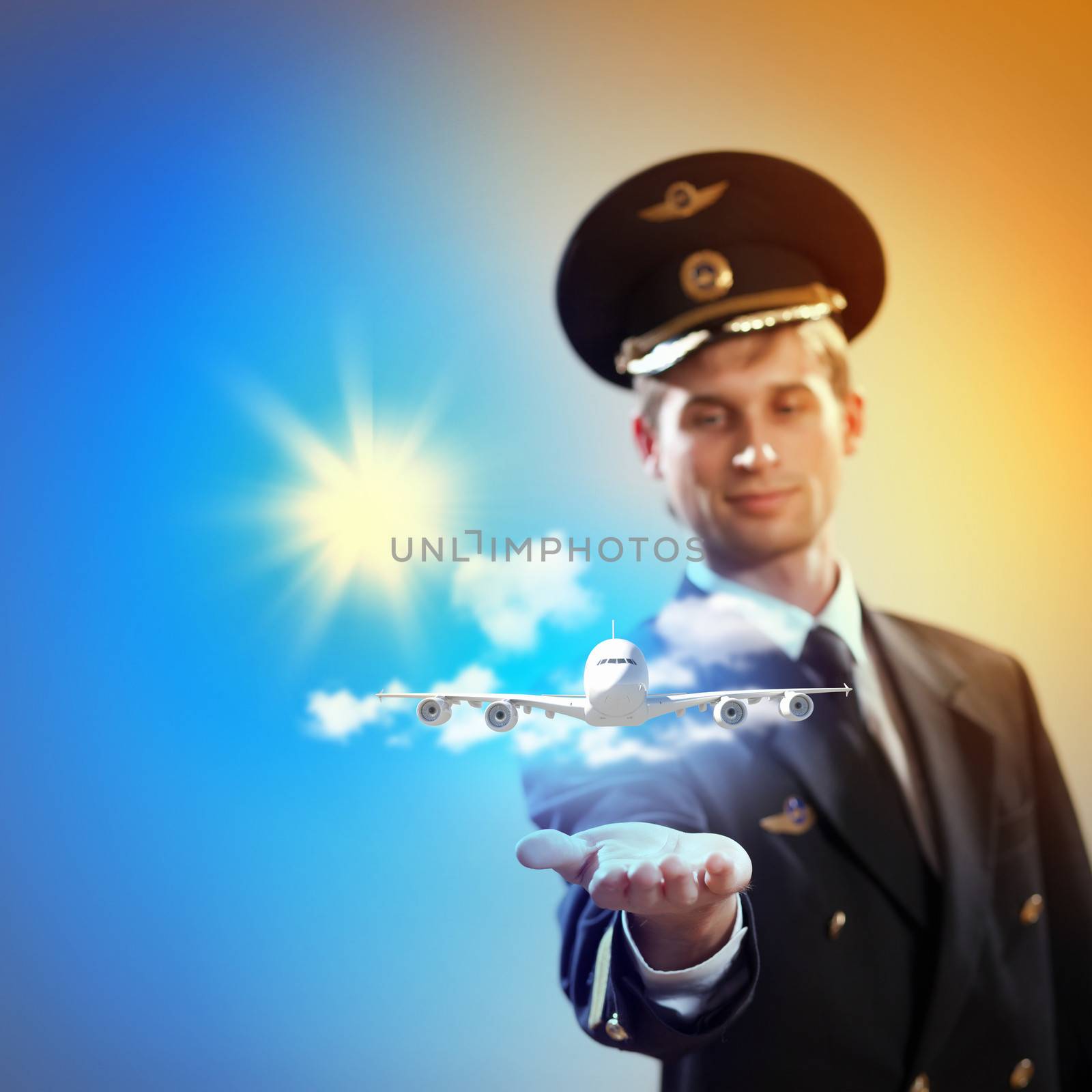 Image of pilot with airplane taking off from his hand