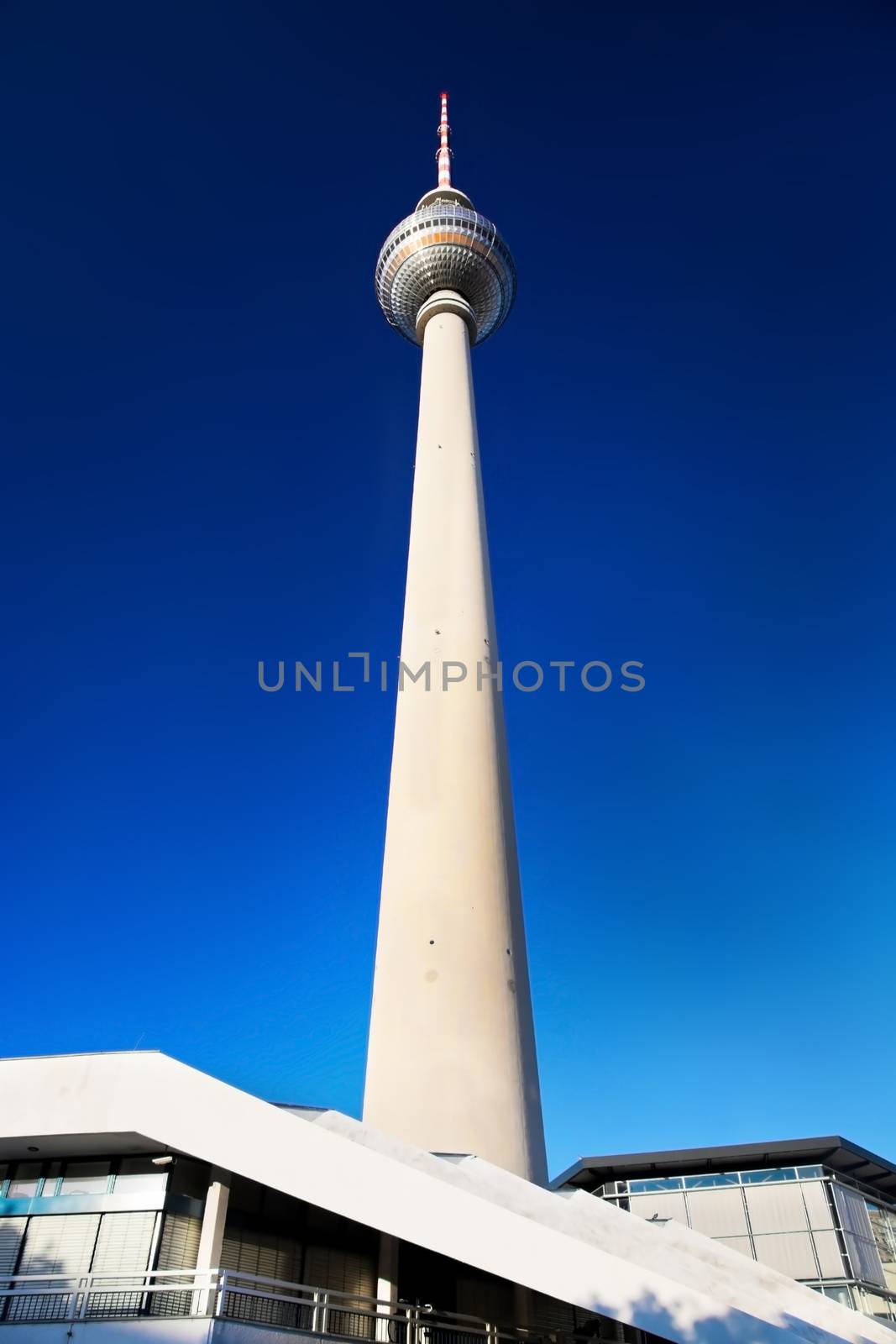 Tv tower or Fersehturm in Berlin, Germany. Sunny blue sky