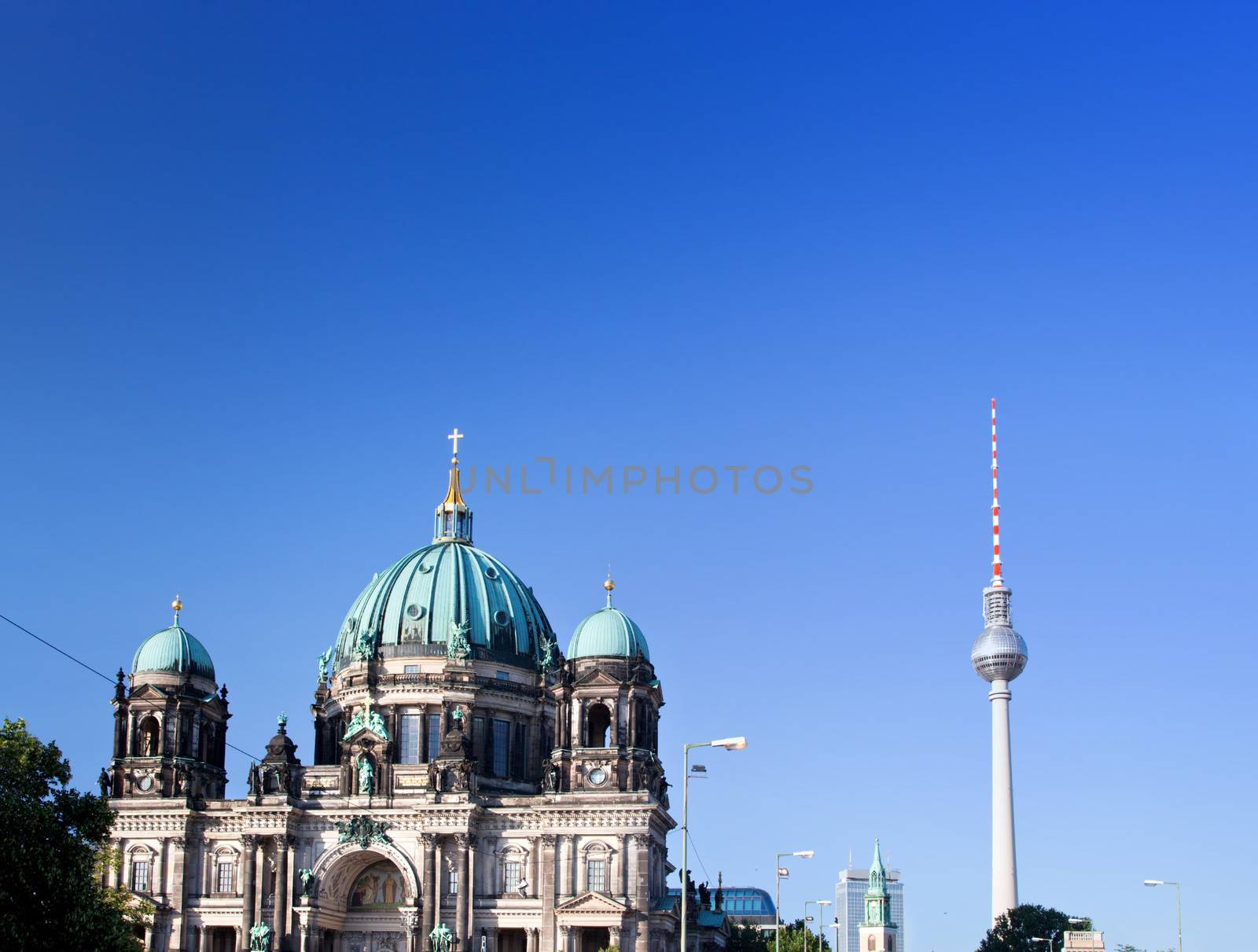 Berlin Cathedral and TV Tower, Berlin, Germany. Sunny blue sky