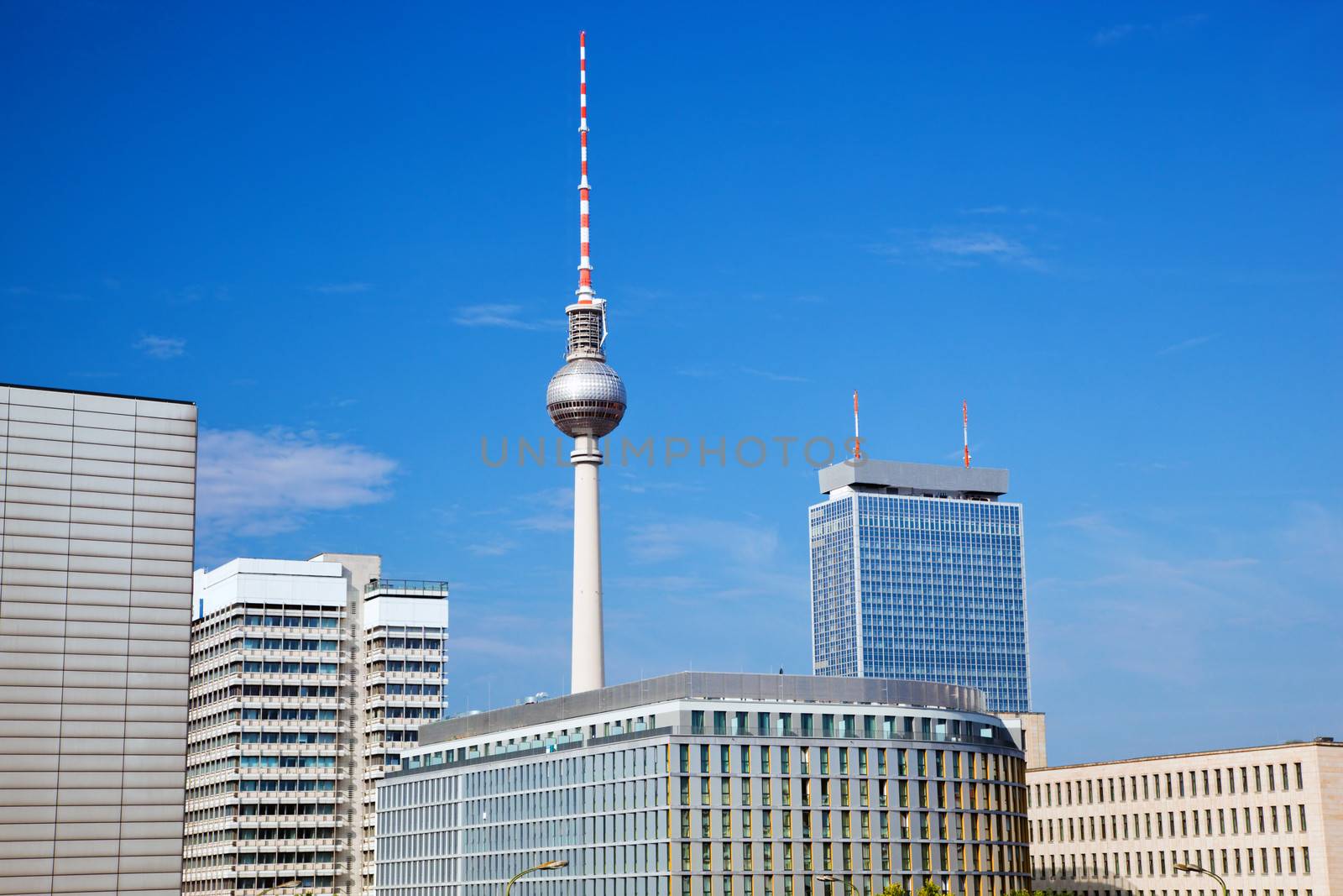 Television tower, German Fernsehturm seen from the eastern part of Berlin near Alexanderplatz.