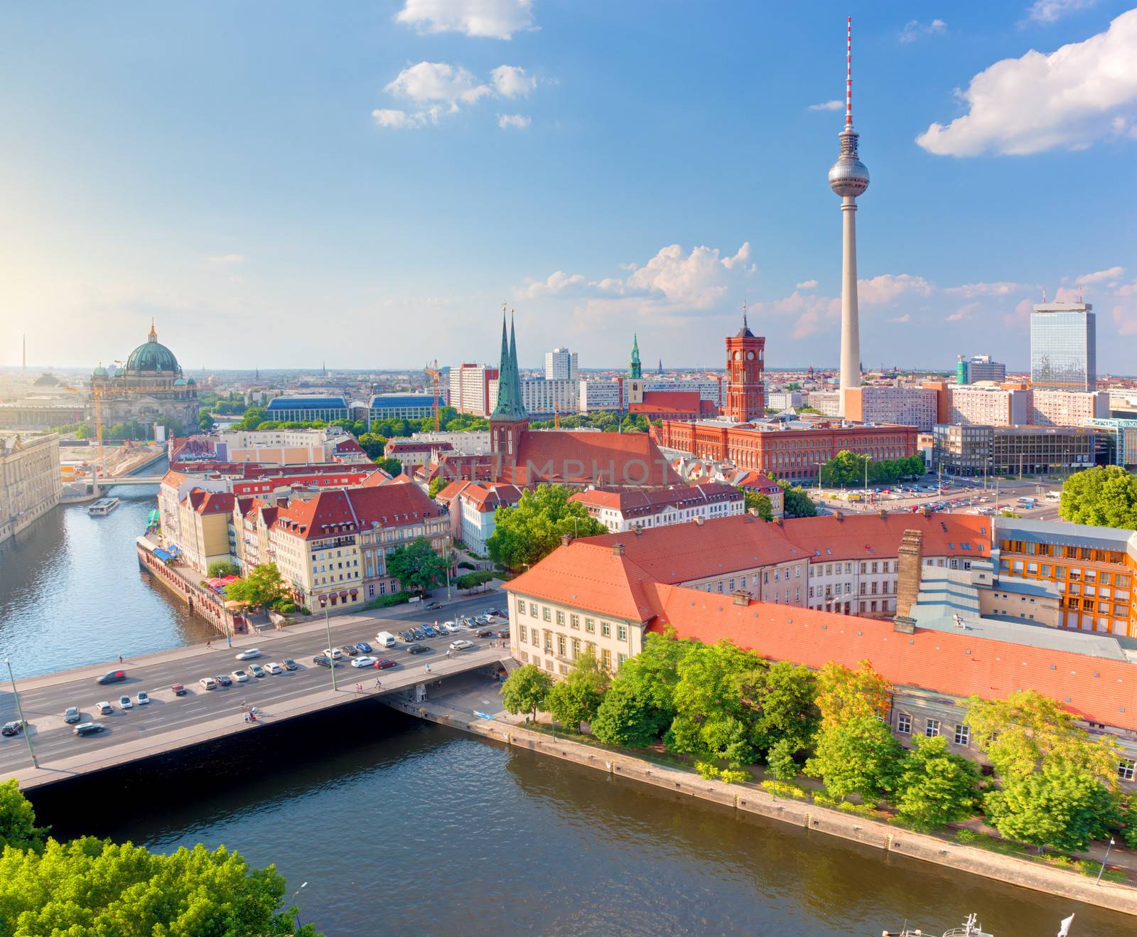 Berlin, Germany rooftop view on Television Tower, Berlin Cathedral, Rotes Rathau and the River Spree. Major landmarks under sunny blue sky