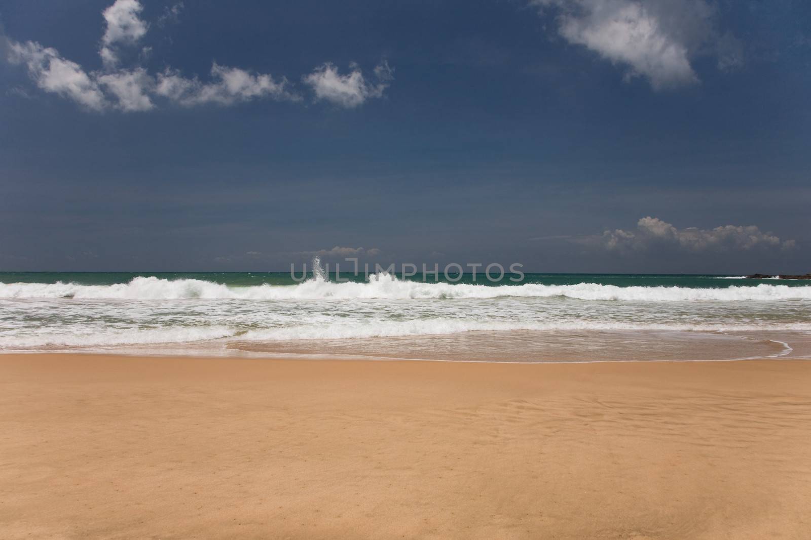 golden sand beach with blue ocean and cloudscape 