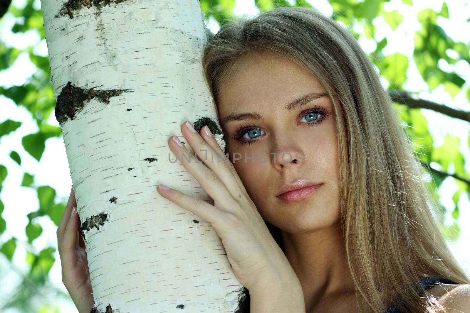 Portrait of the young beautiful woman on a background of leaves of a birch