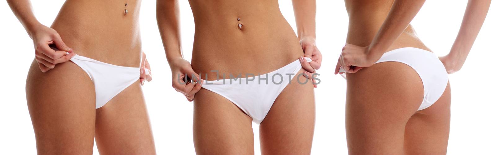 Beauty girl in white pants, isolated on a white background