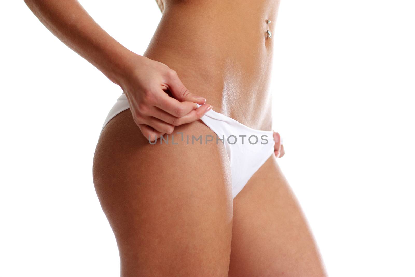 Beauty girl in white pants, isolated on a white background